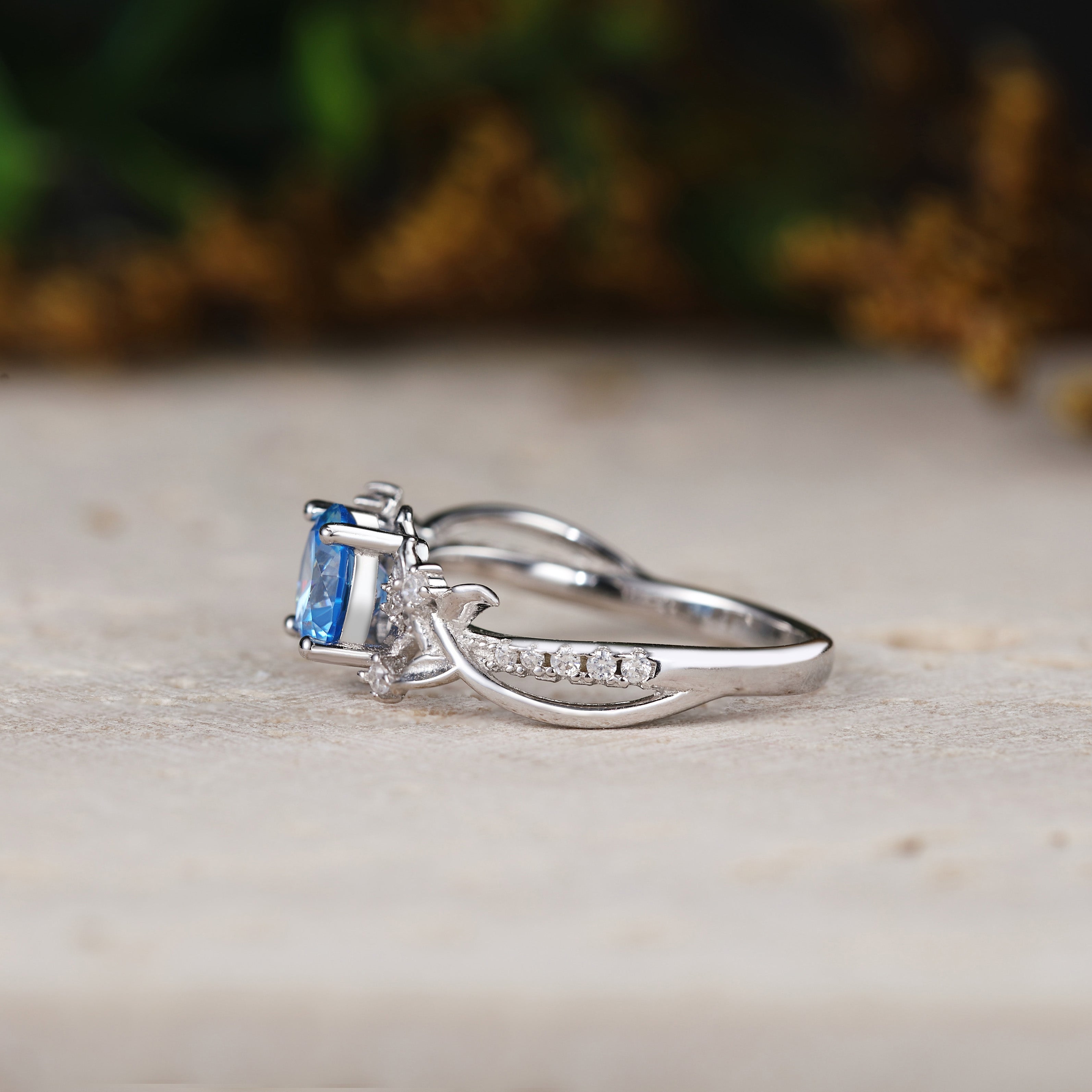 Round Cut Aquamarine Engagement Ring with Leaf