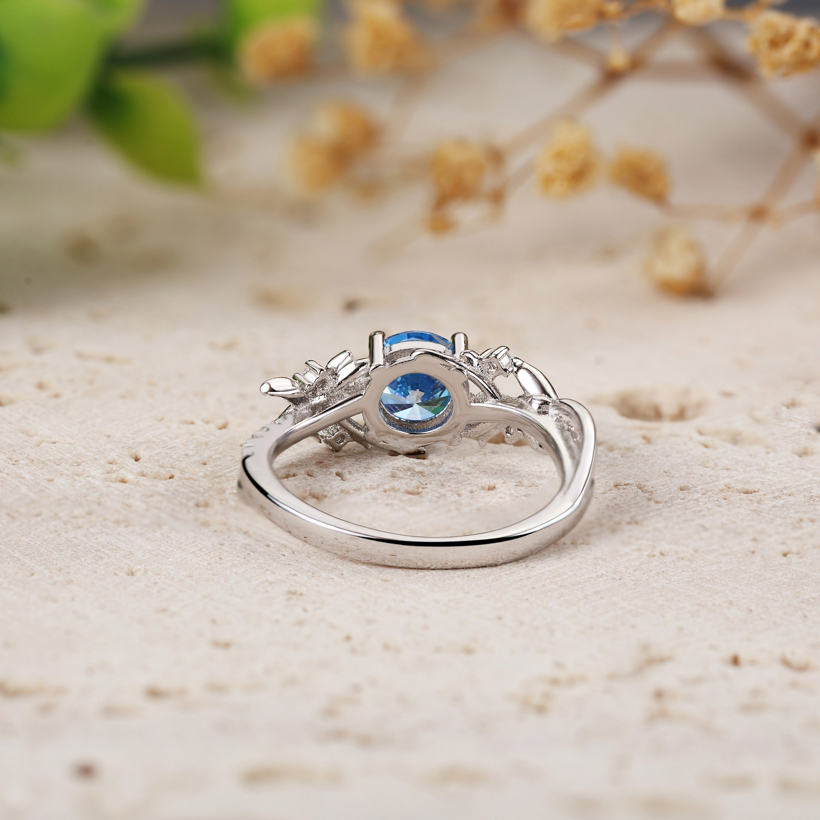 Round Cut Aquamarine Engagement Ring with Leaf