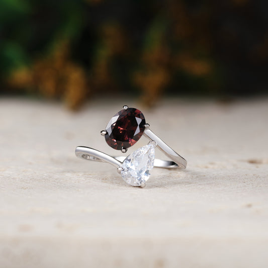 Forevermore - Pear Cut Moissanite & Oval Cut Lab Ruby Toi et Moi Engagement Ring
