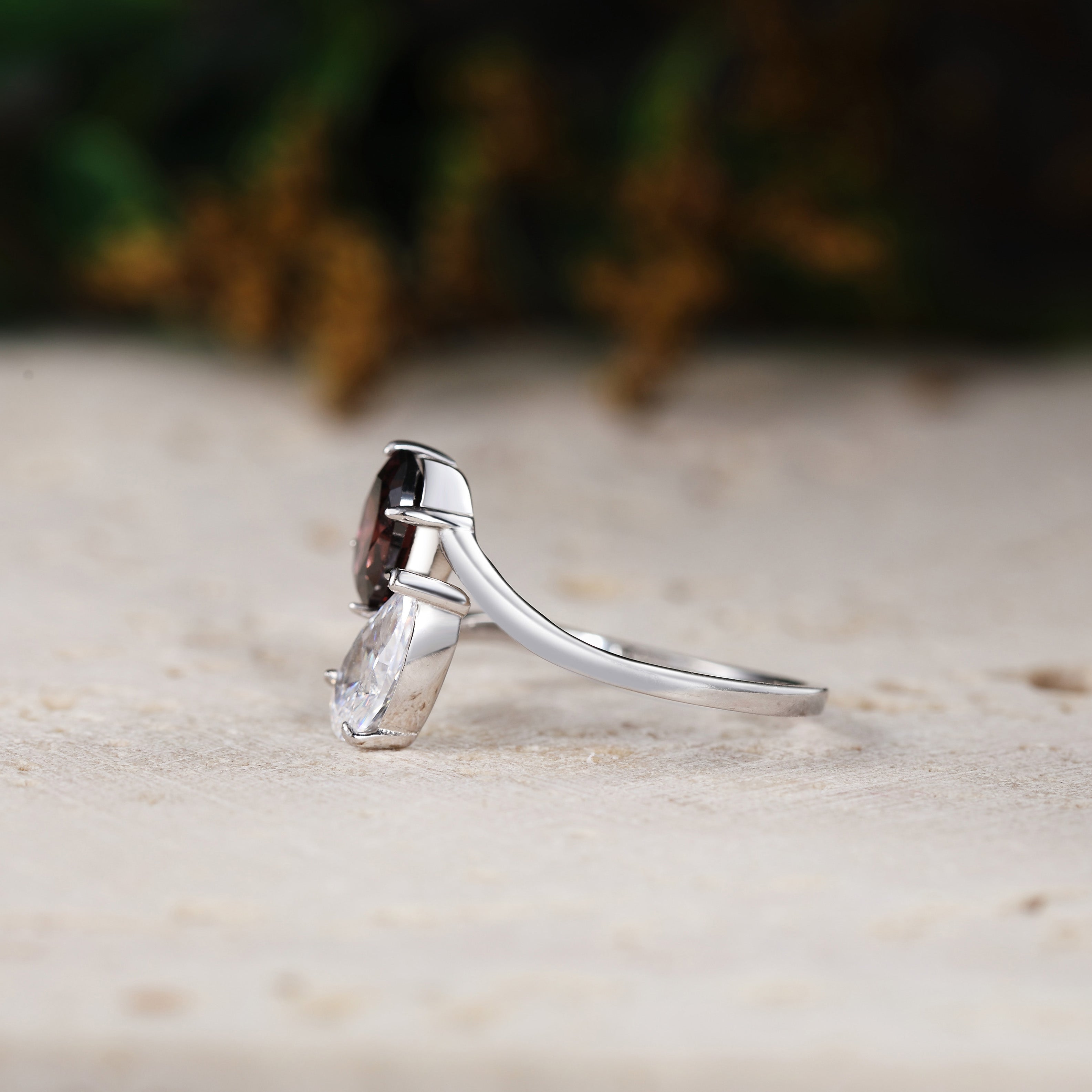 Forevermore - Pear Cut Moissanite & Oval Cut Lab Ruby Toi et Moi Engagement Ring