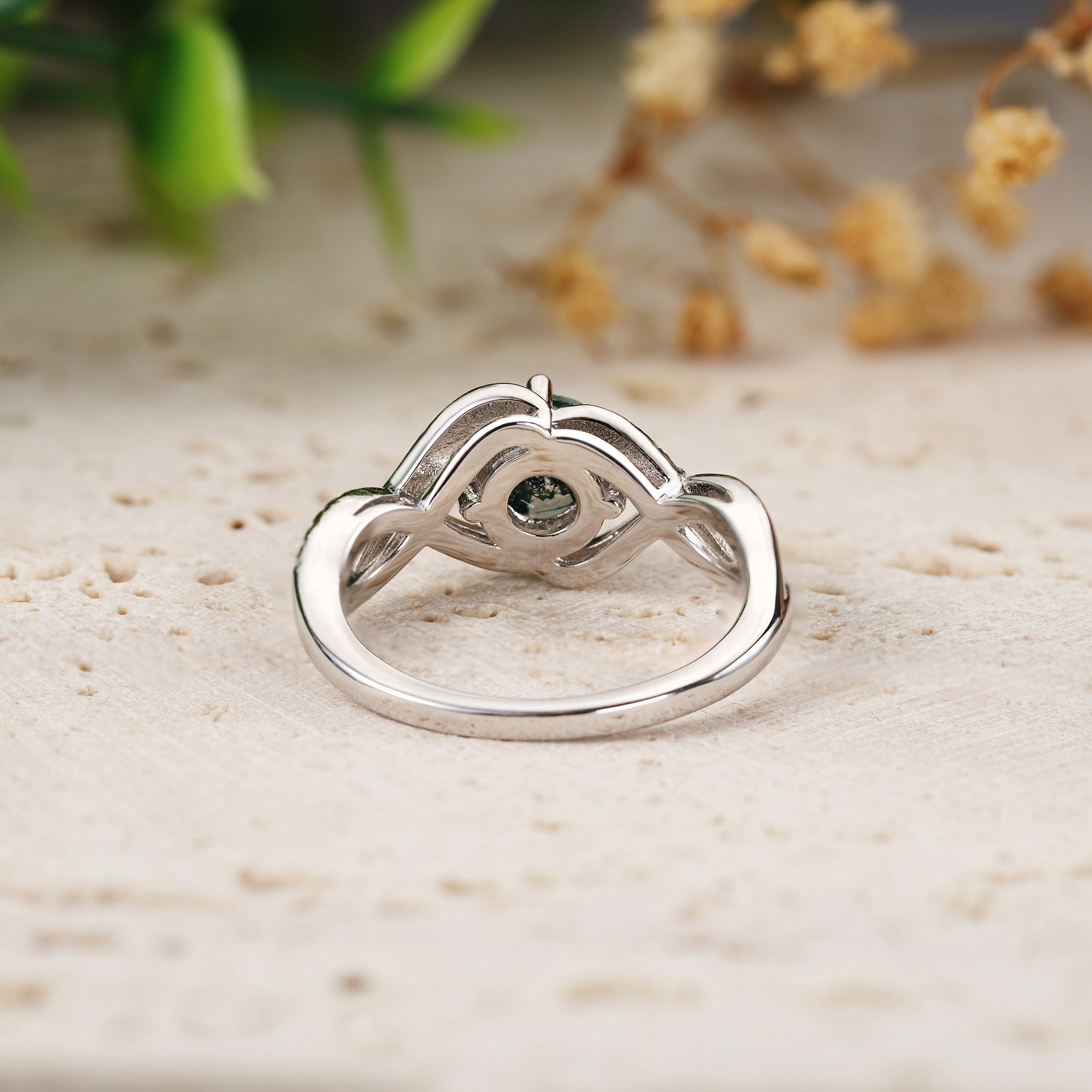 Round Cut Natural Moss Agate Engagement Ring With Cross Moissaite Cluster