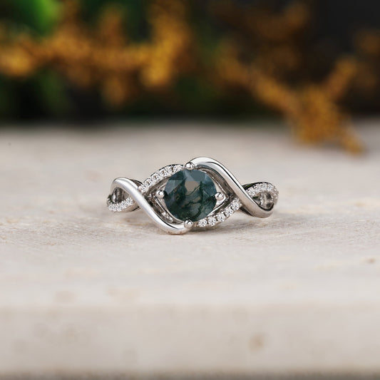 Round Cut Natural Moss Agate Engagement Ring With Cross Moissaite Cluster