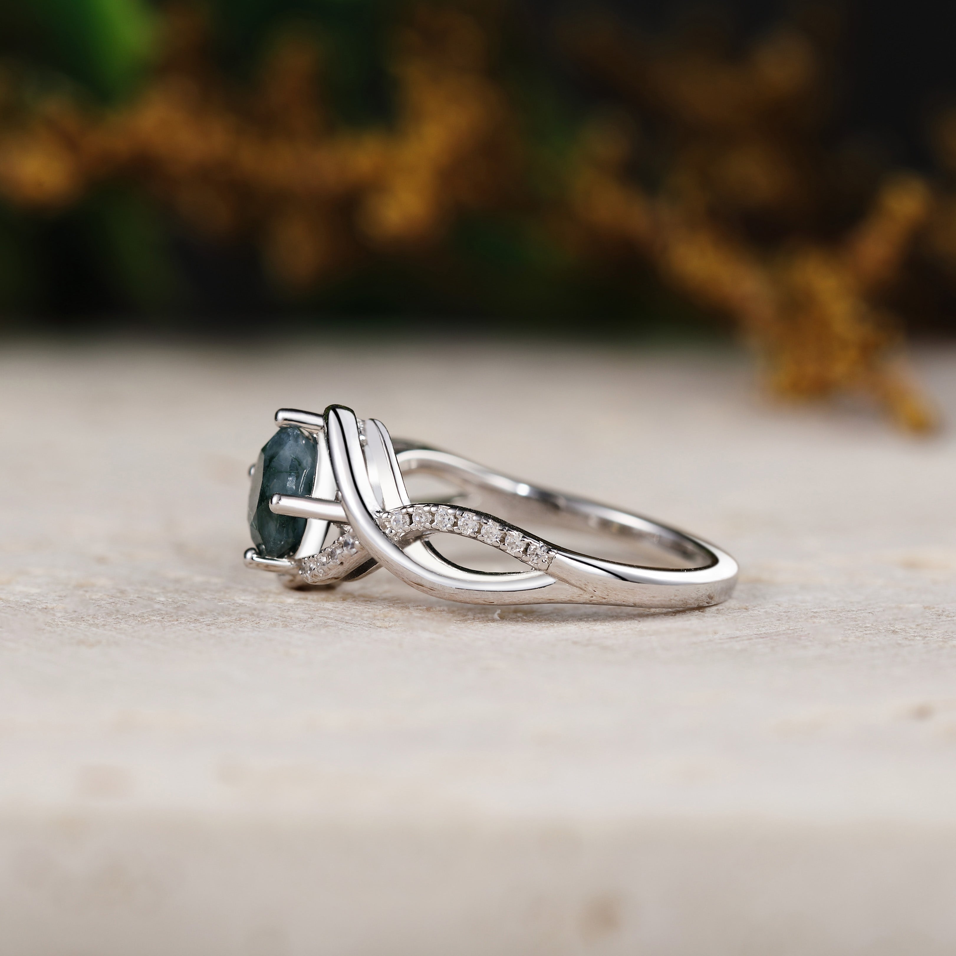 Round Cut Natural Moss Agate Engagement Ring With Cross Moissaite Cluster