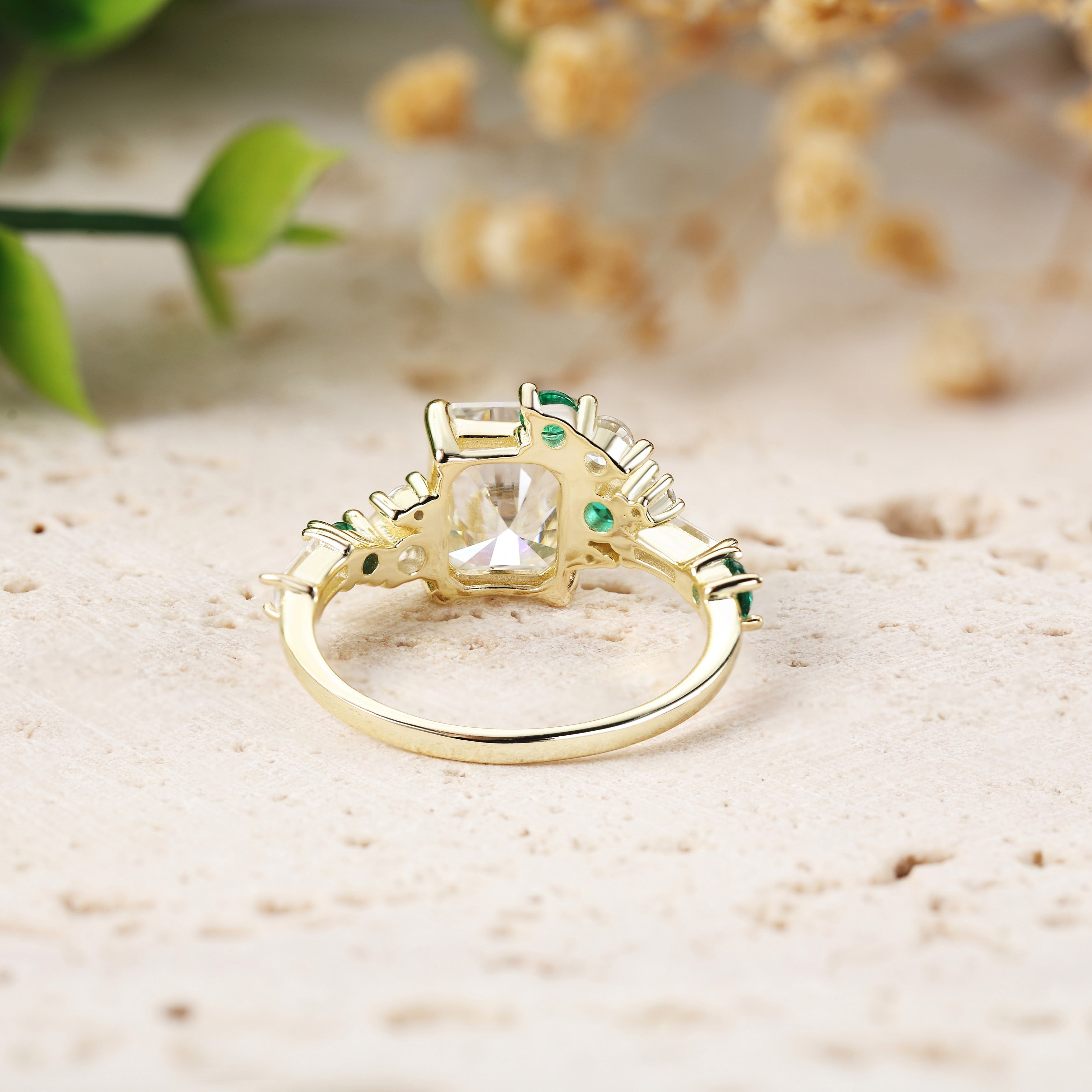 Emerald Cut Moissanite Engagement Ring With Emerald & Moissaite Cluster