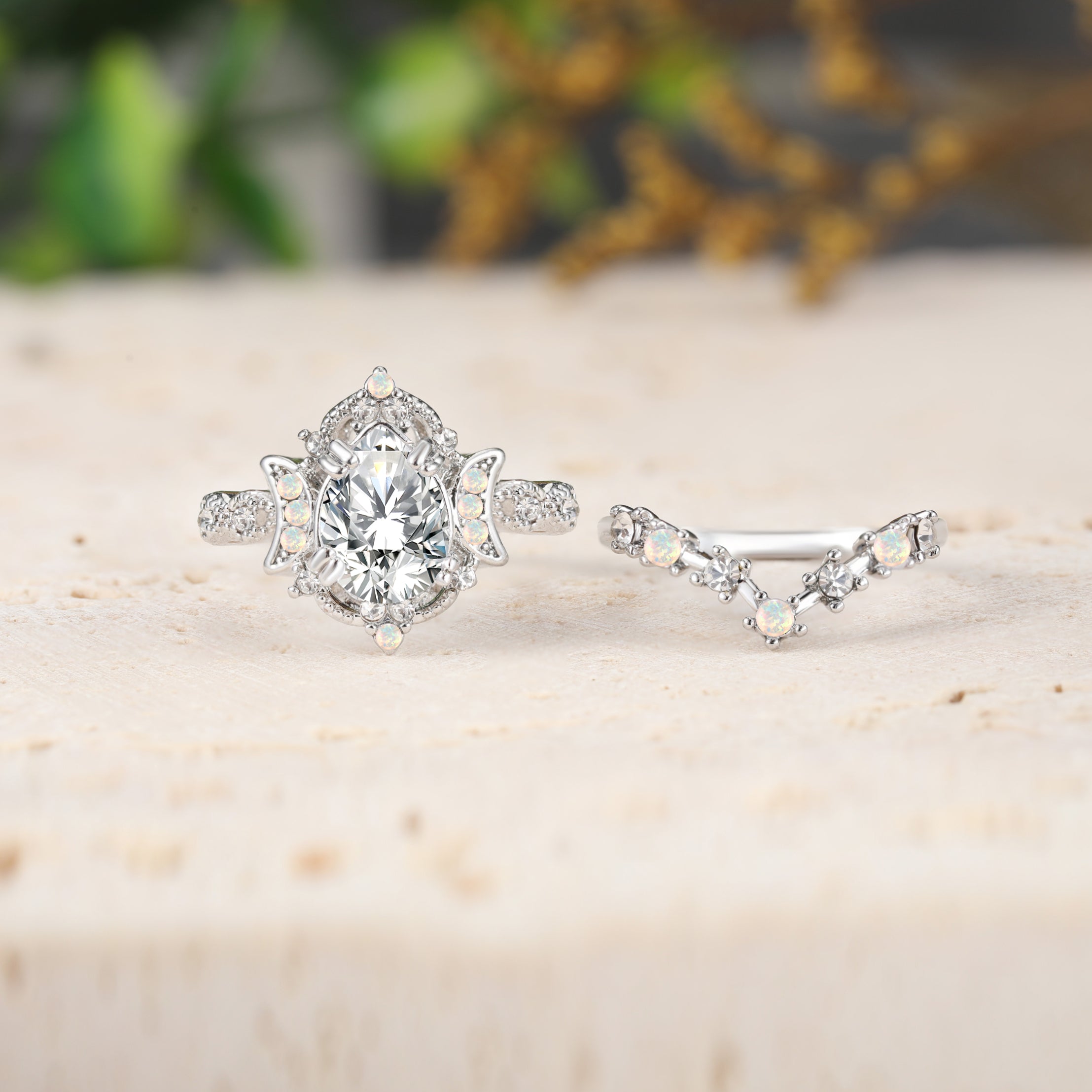 Pear Moissanite Engagement Ring with Opal Moon Accents Bridal Set