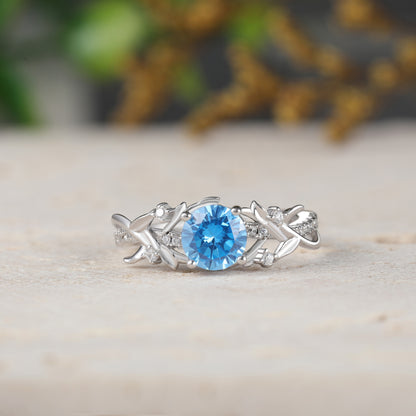 Round Cut Aquamarine Engagement Ring with Leaf