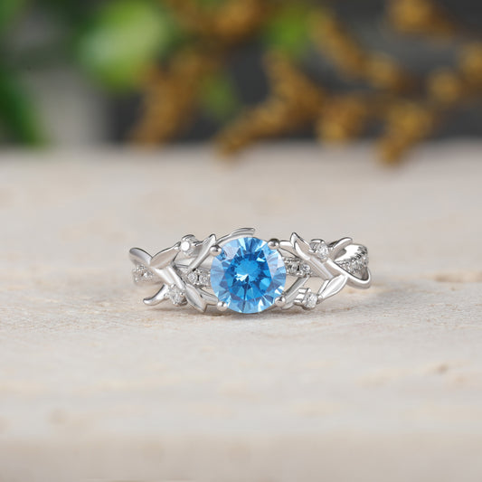 Round Cut Aquamarine Engagement Ring with Leaf