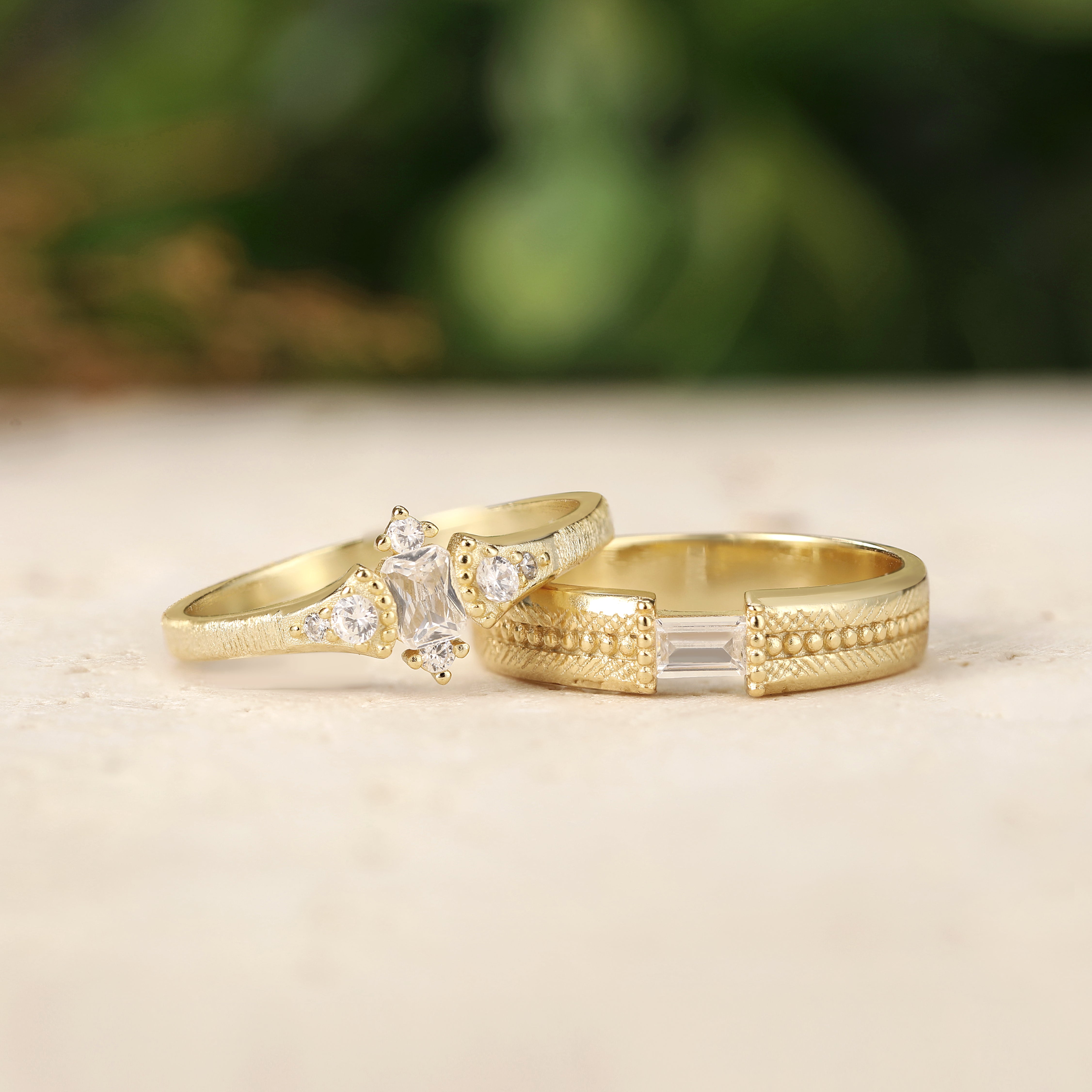 Vintag-Inspired Moissanite Brushed Finish Couple Rings