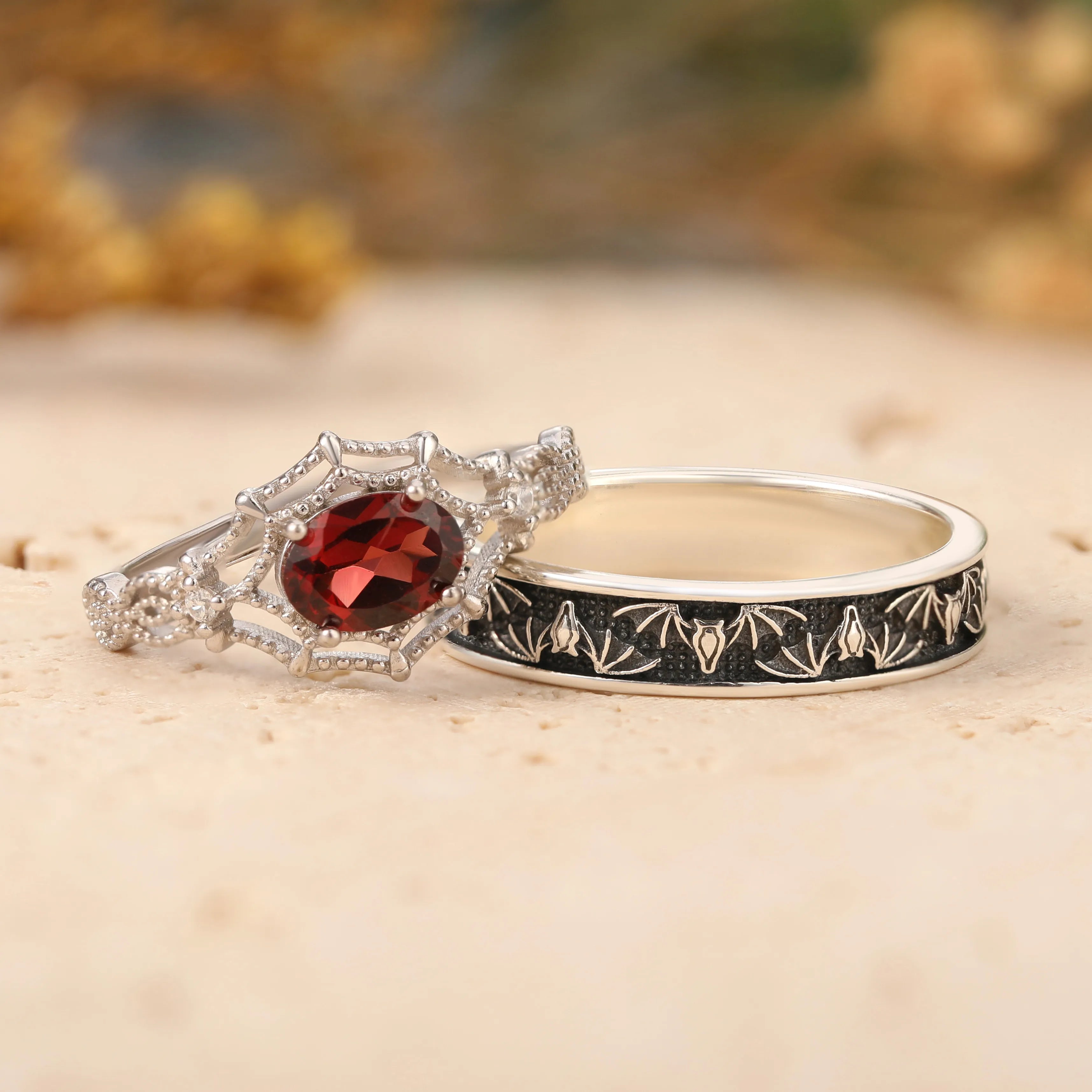 Bat-Inspired Men’s Ring & Spiderweb-Inspired Engagement Ring for Women
