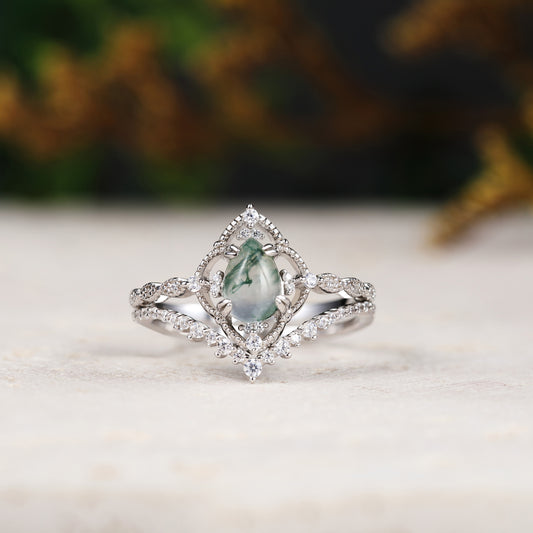 Pear Moss Agate Vintage Engagement Ring with Moissanite Stacking Band 2pcs