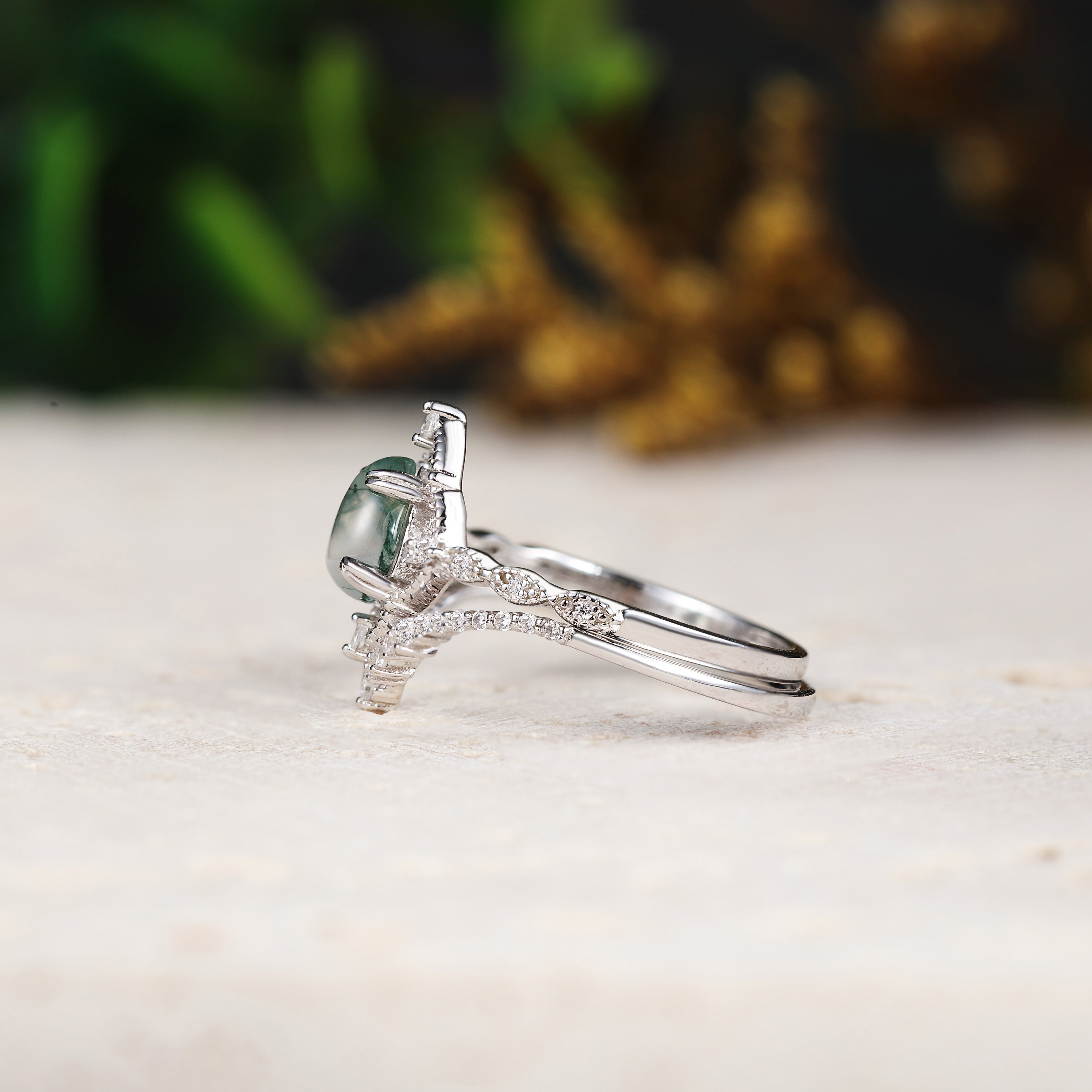 Pear Moss Agate Vintage Engagement Ring with Moissanite Stacking Band 2pcs