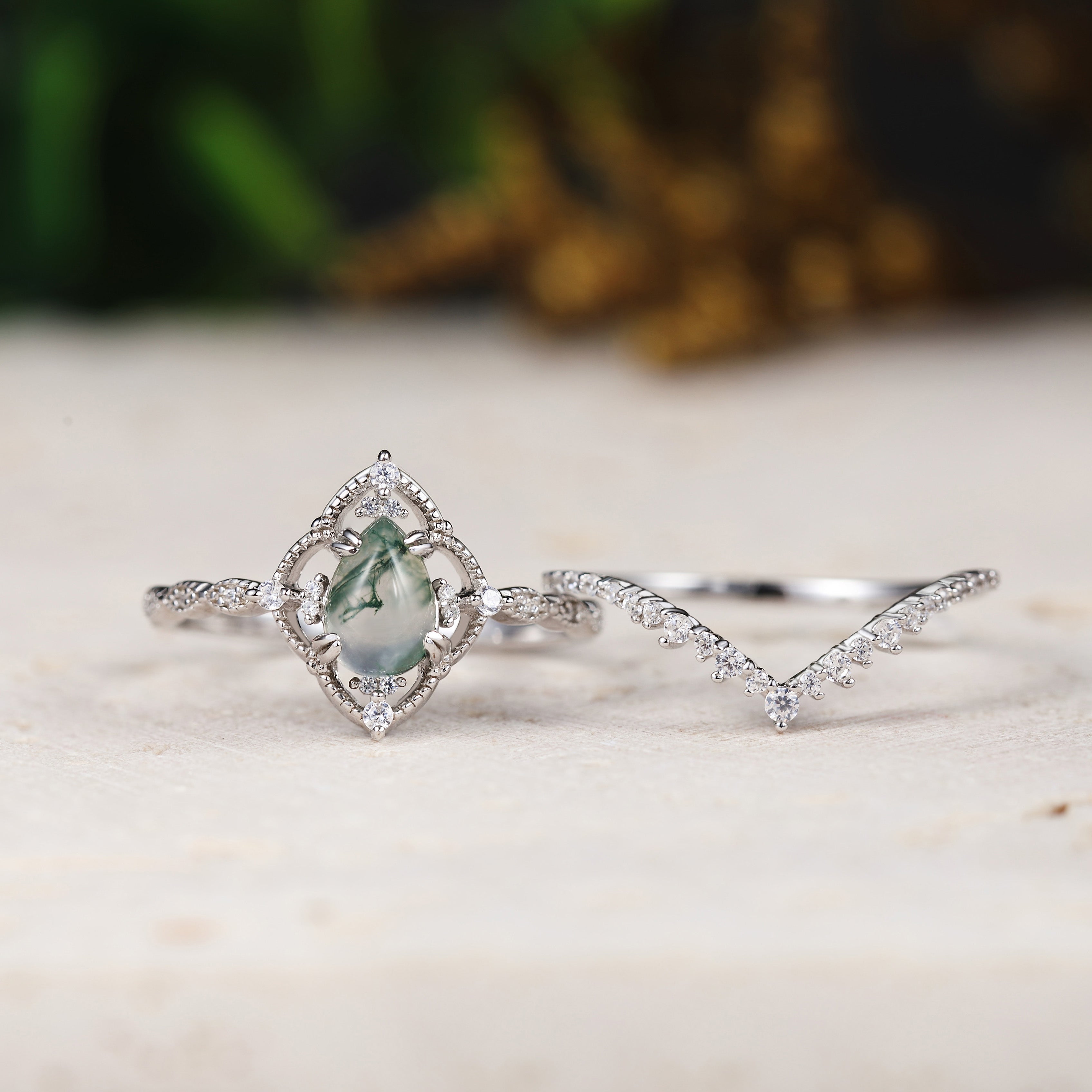 Pear Moss Agate Vintage Engagement Ring with Moissanite Stacking Band 2pcs