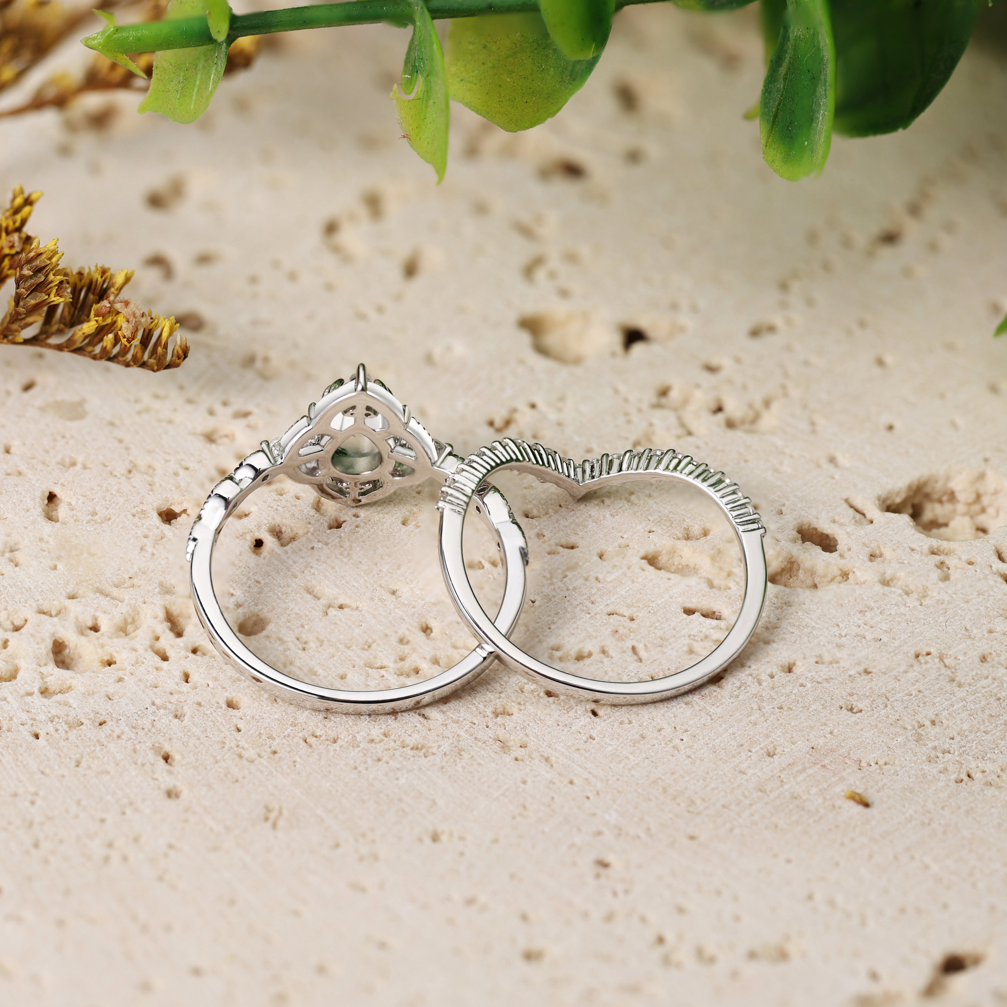 Pear Moss Agate Vintage Engagement Ring with Moissanite Stacking Band 2pcs