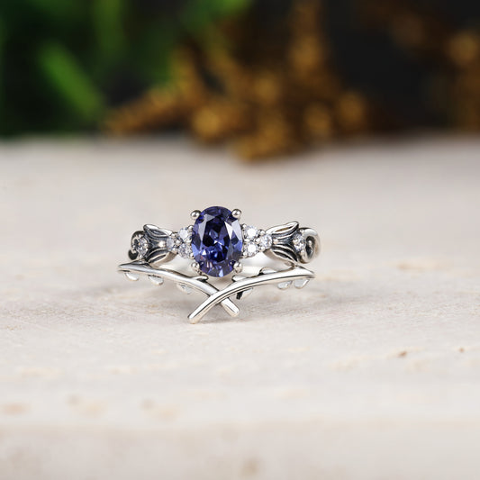 Oval Tanzanite Engagement Ring with Chevron Stacking Band 2pcs