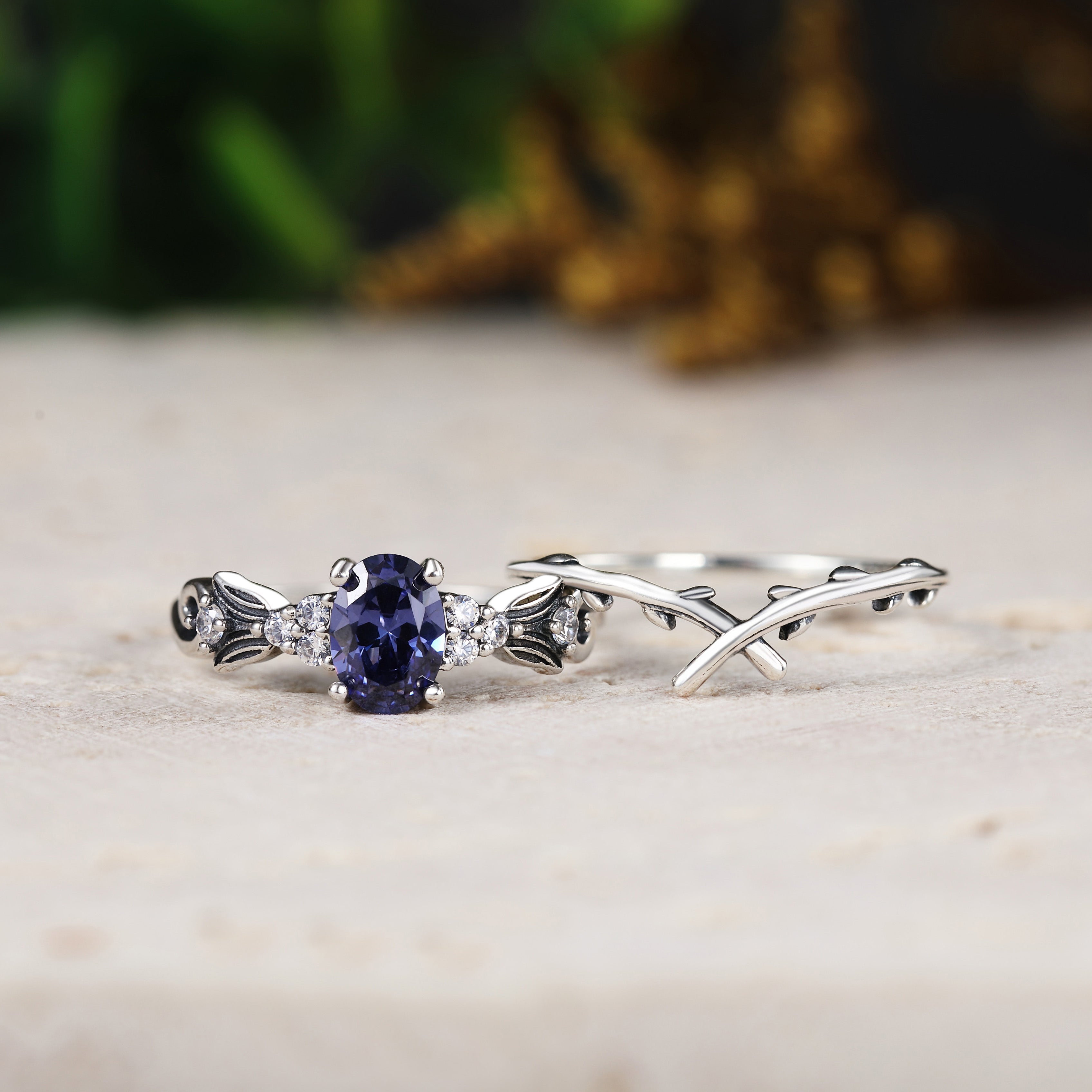 Oval Tanzanite Engagement Ring with Chevron Stacking Band 2pcs