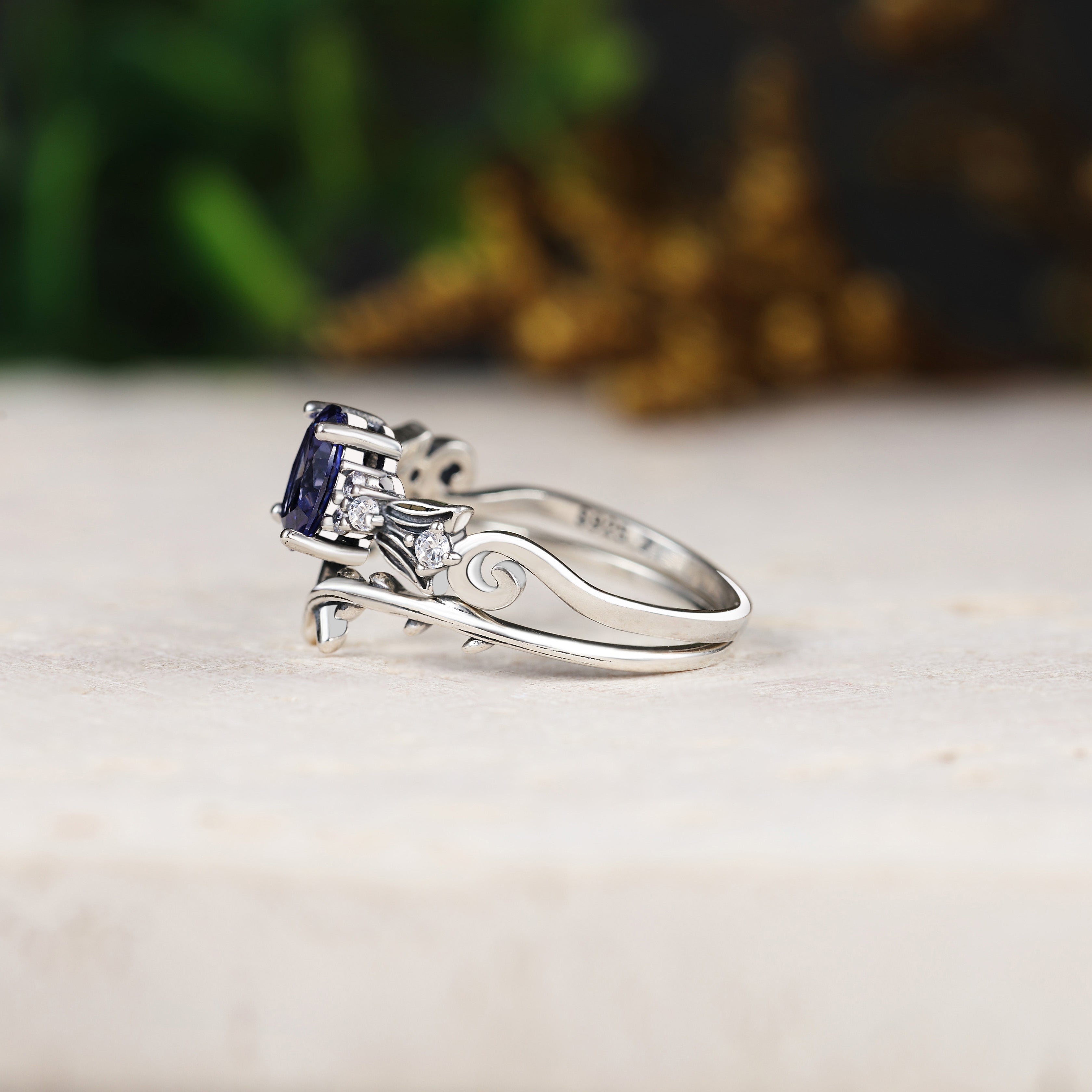 Oval Tanzanite Engagement Ring with Chevron Stacking Band 2pcs