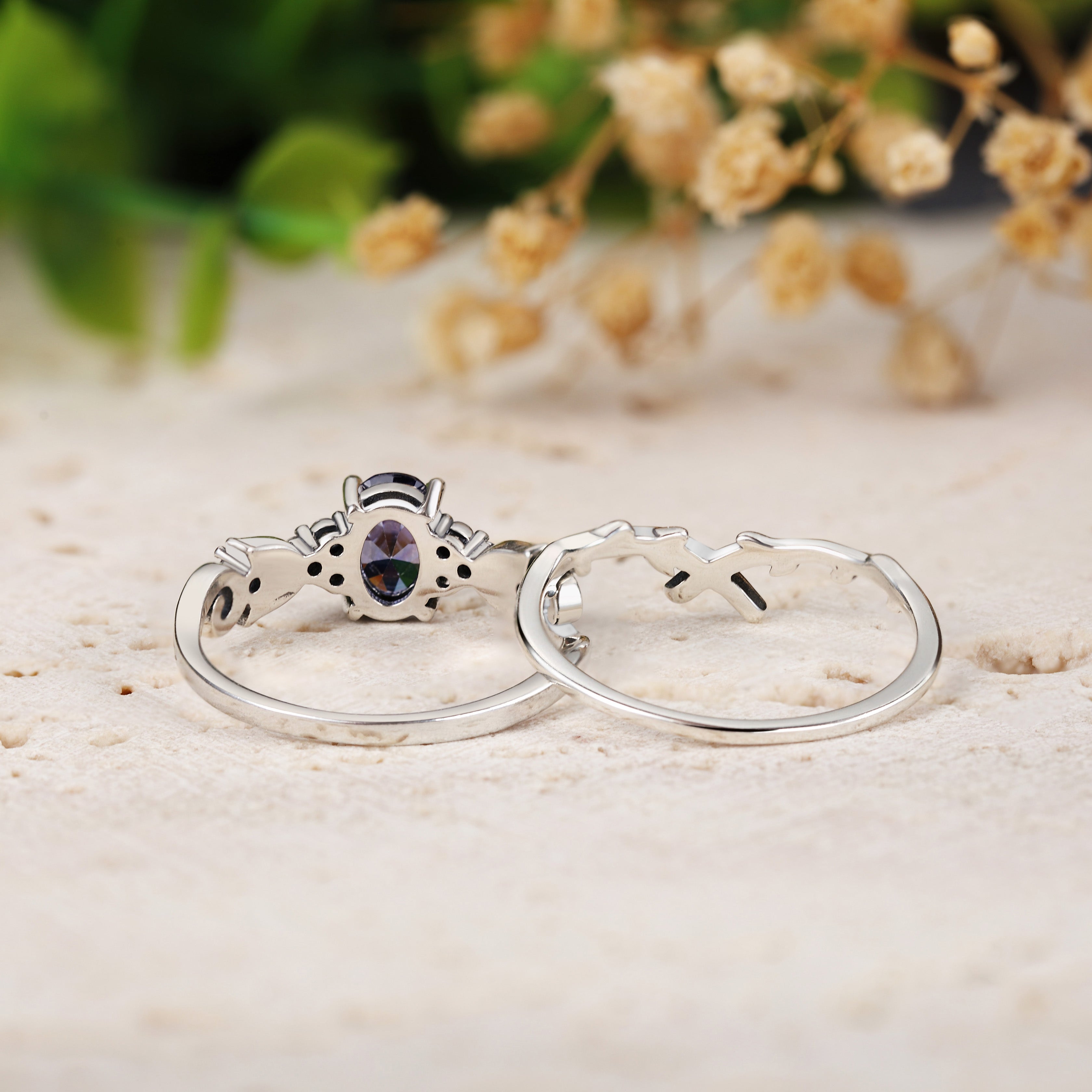 Oval Tanzanite Engagement Ring with Chevron Stacking Band 2pcs