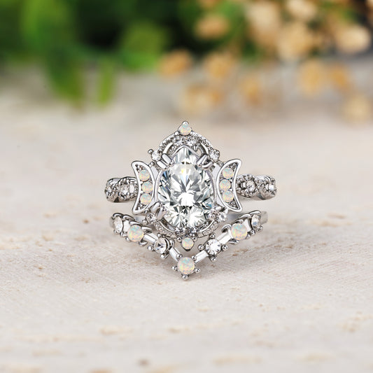 Pear Moissanite Engagement Ring with Opal Moon Accents Bridal Set