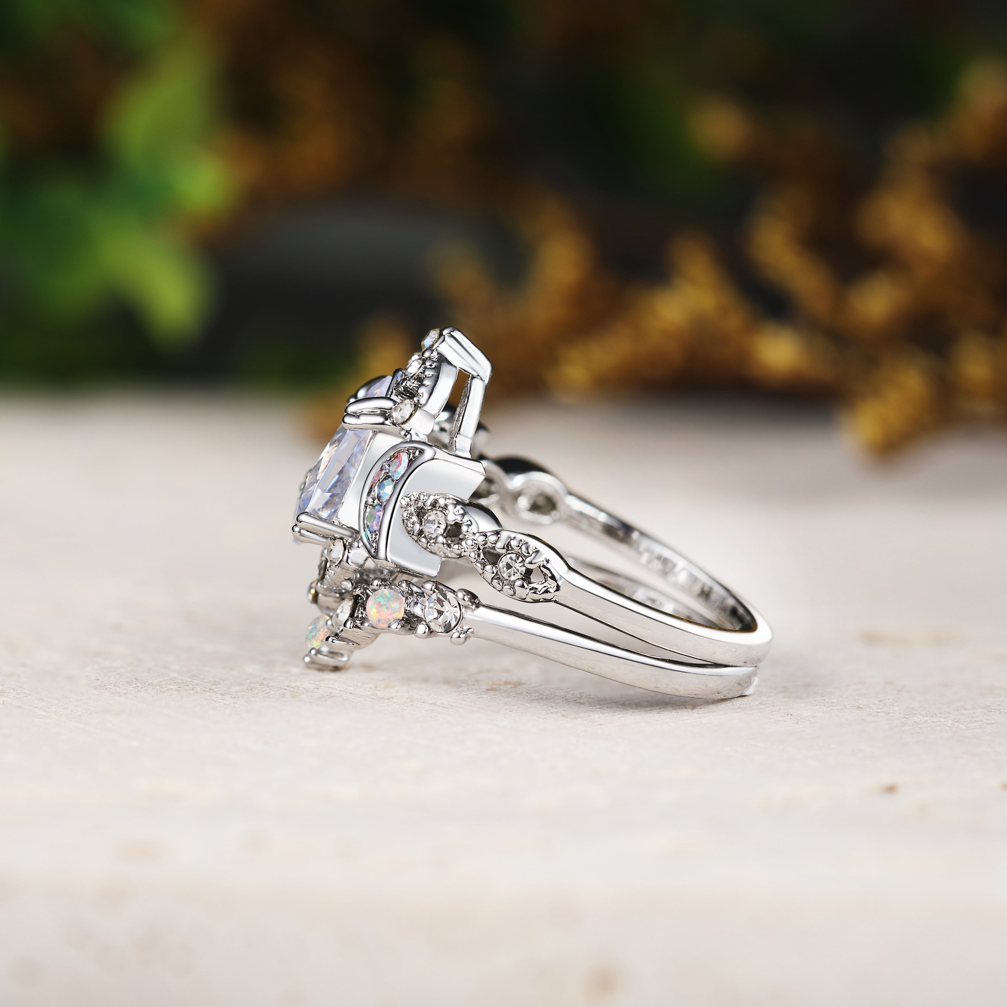 Pear Moissanite Engagement Ring with Opal Moon Accents Bridal Set