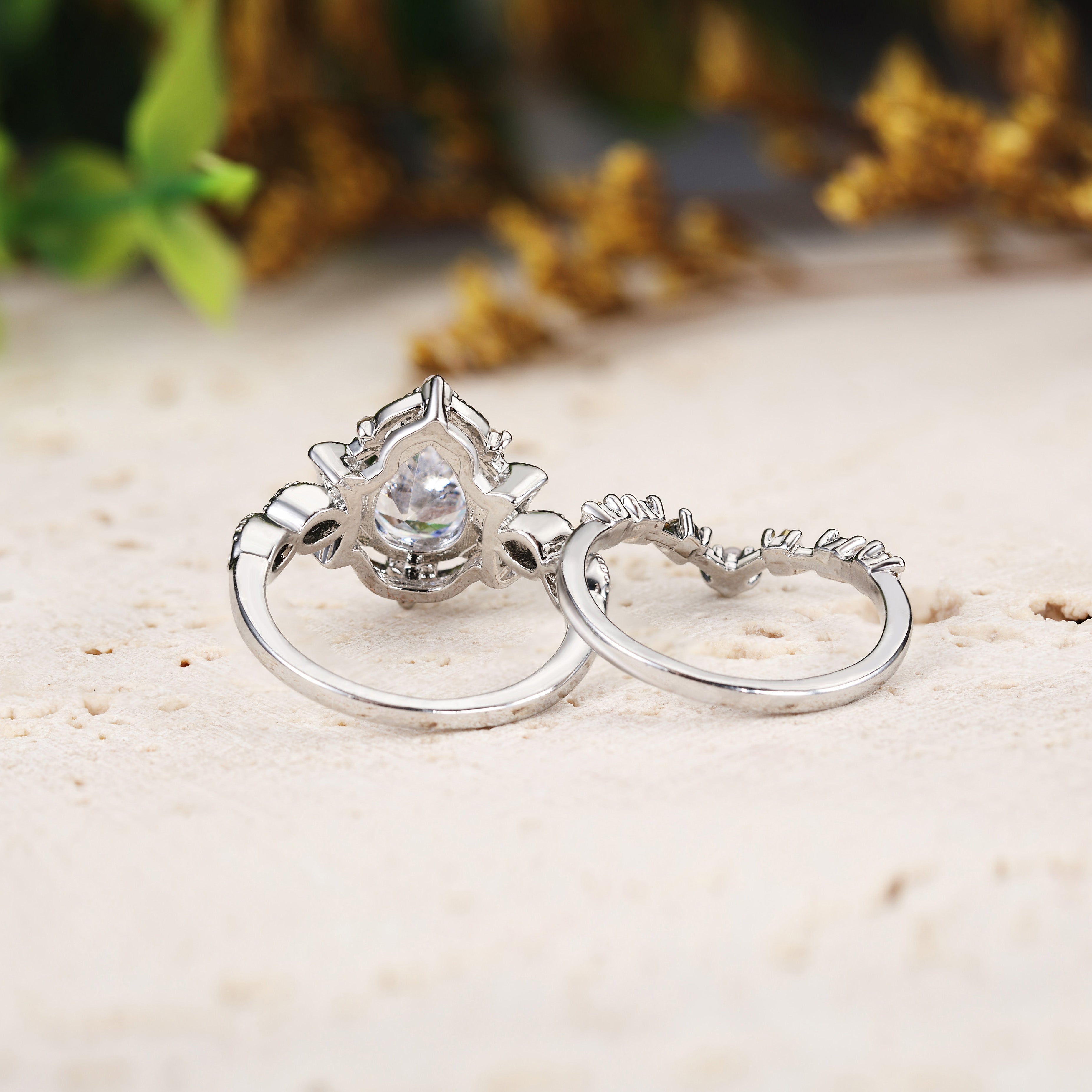 Pear Moissanite Engagement Ring with Opal Moon Accents Bridal Set