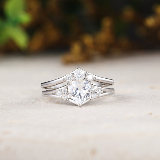 Heart Shaped Moissanite Engagement Ring with Curved Wedding Band 2pcs