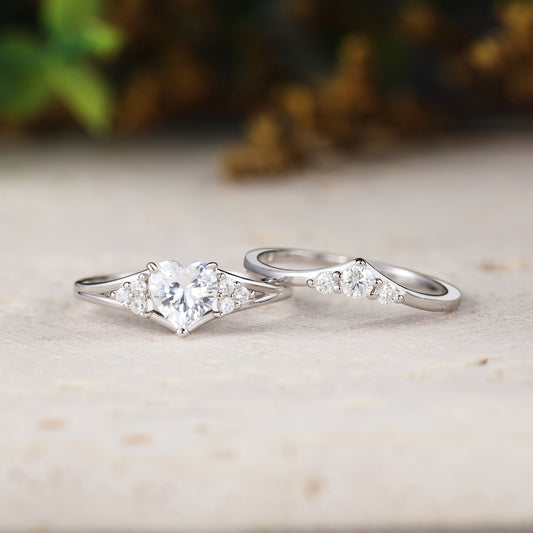 Heart Shaped Moissanite Engagement Ring with Curved Wedding Band 2pcs
