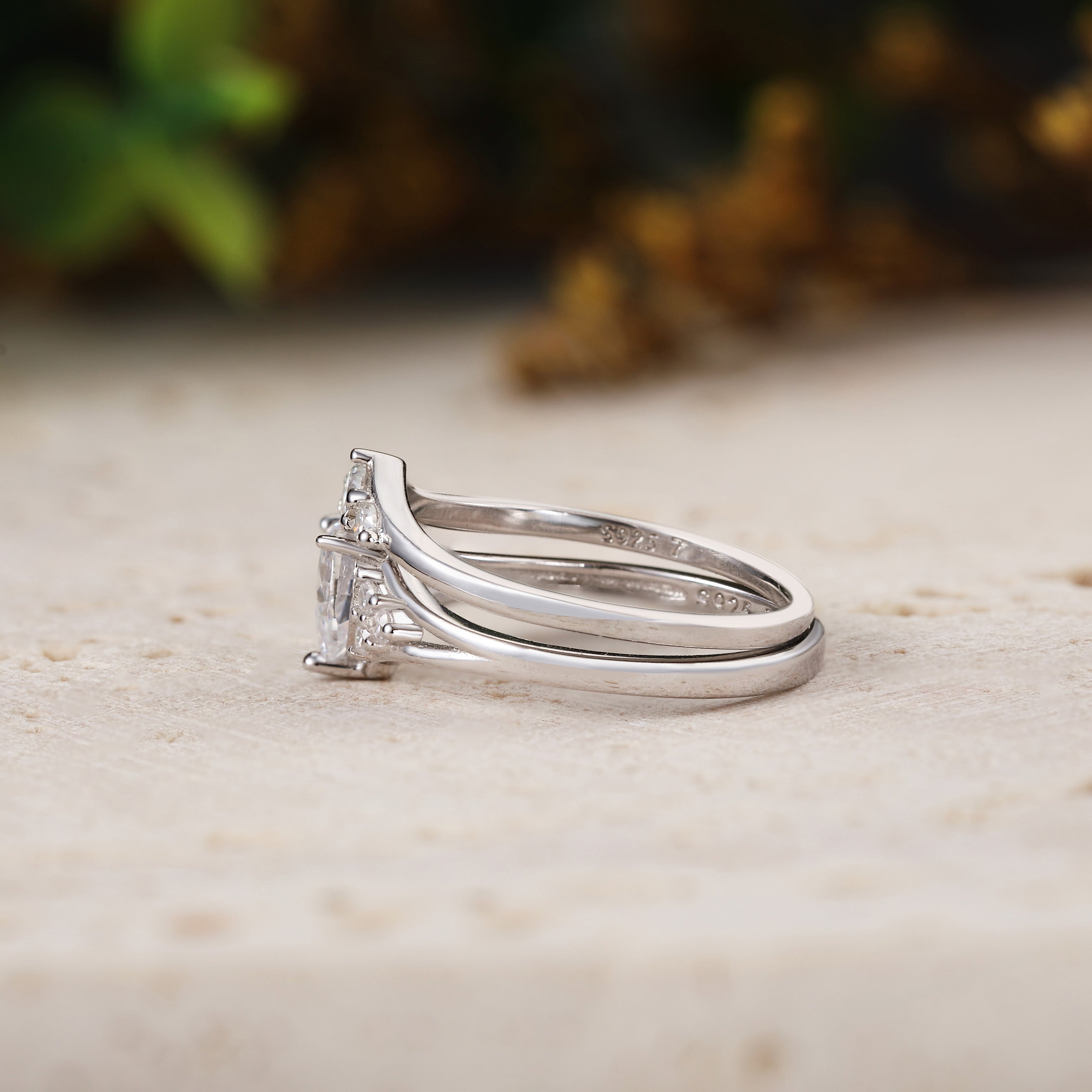 Heart Shaped Moissanite Engagement Ring with Curved Wedding Band 2pcs