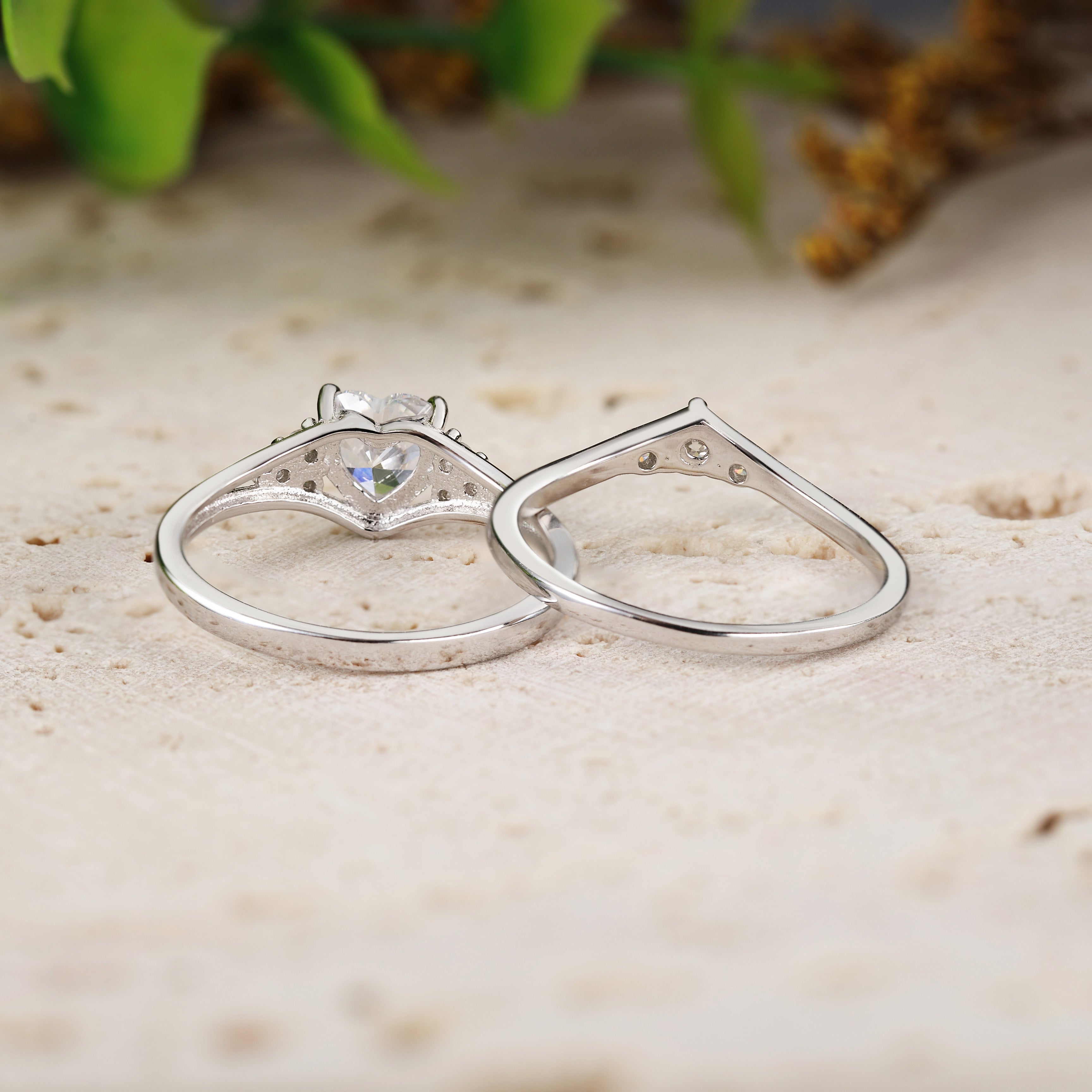 Heart Shaped Moissanite Engagement Ring with Curved Wedding Band 2pcs