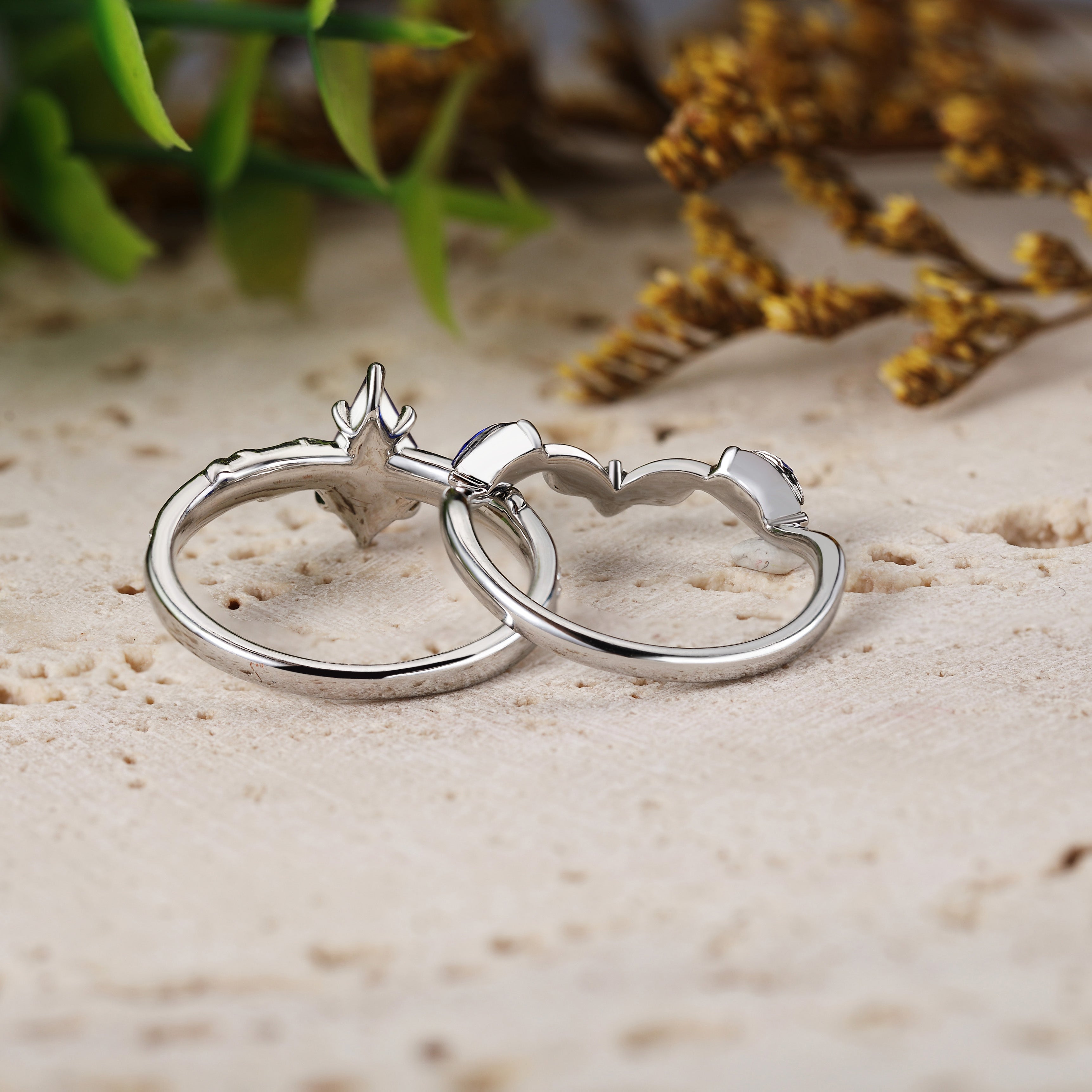 Kite Shaped Blue Sapphire Leaf Ring Sets 2pcs