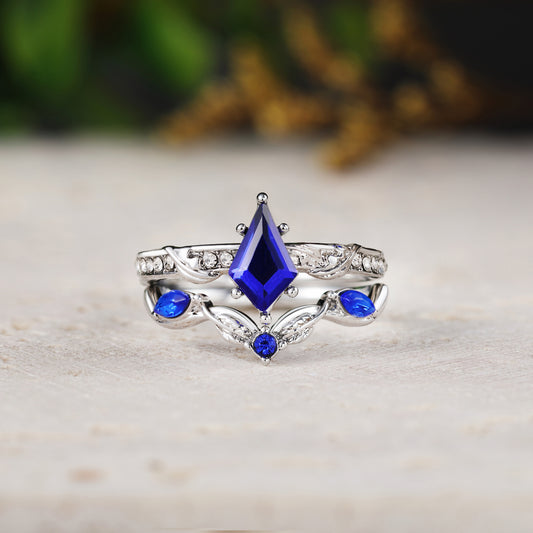 Kite Shaped Blue Sapphire Leaf Ring Sets 2pcs