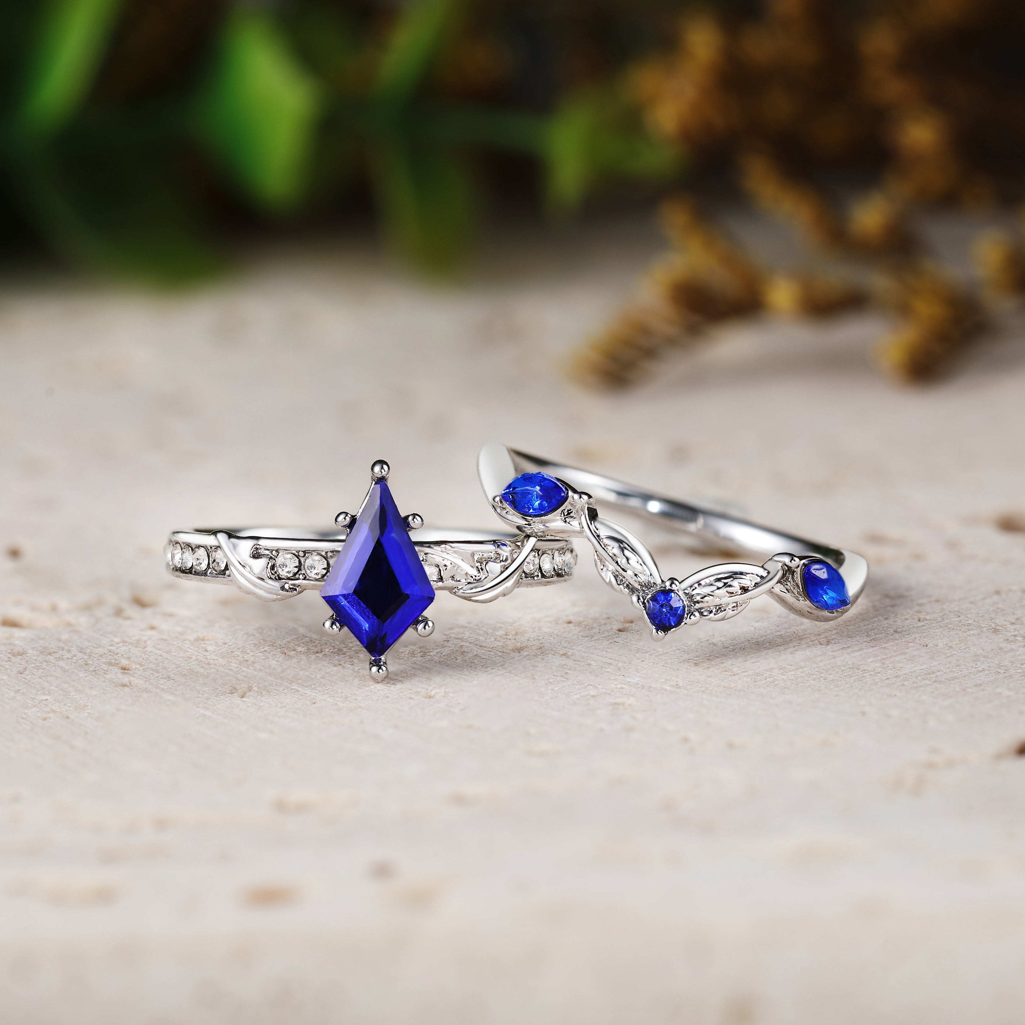 Kite Shaped Blue Sapphire Leaf Ring Sets 2pcs