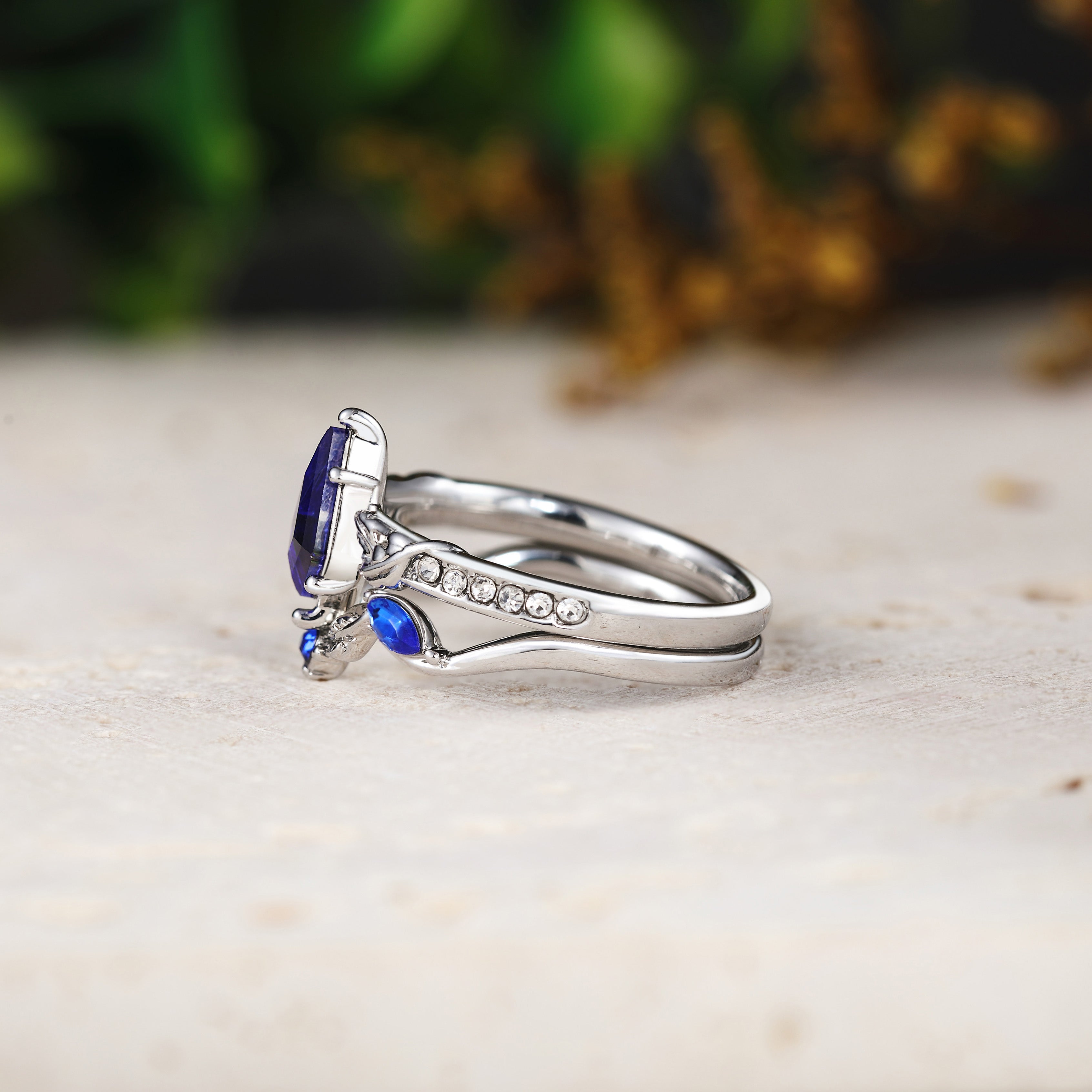 Kite Shaped Blue Sapphire Leaf Ring Sets 2pcs