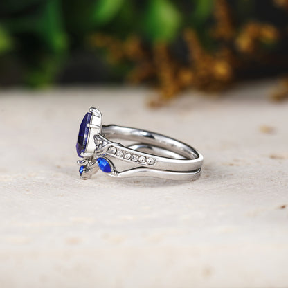 Kite Shaped Blue Sapphire Leaf Ring Sets 2pcs