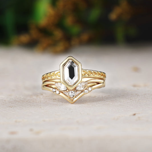 Long Hexagon Moissanite Engagement Ring Sets with Leaf 2pcs Bridal Set