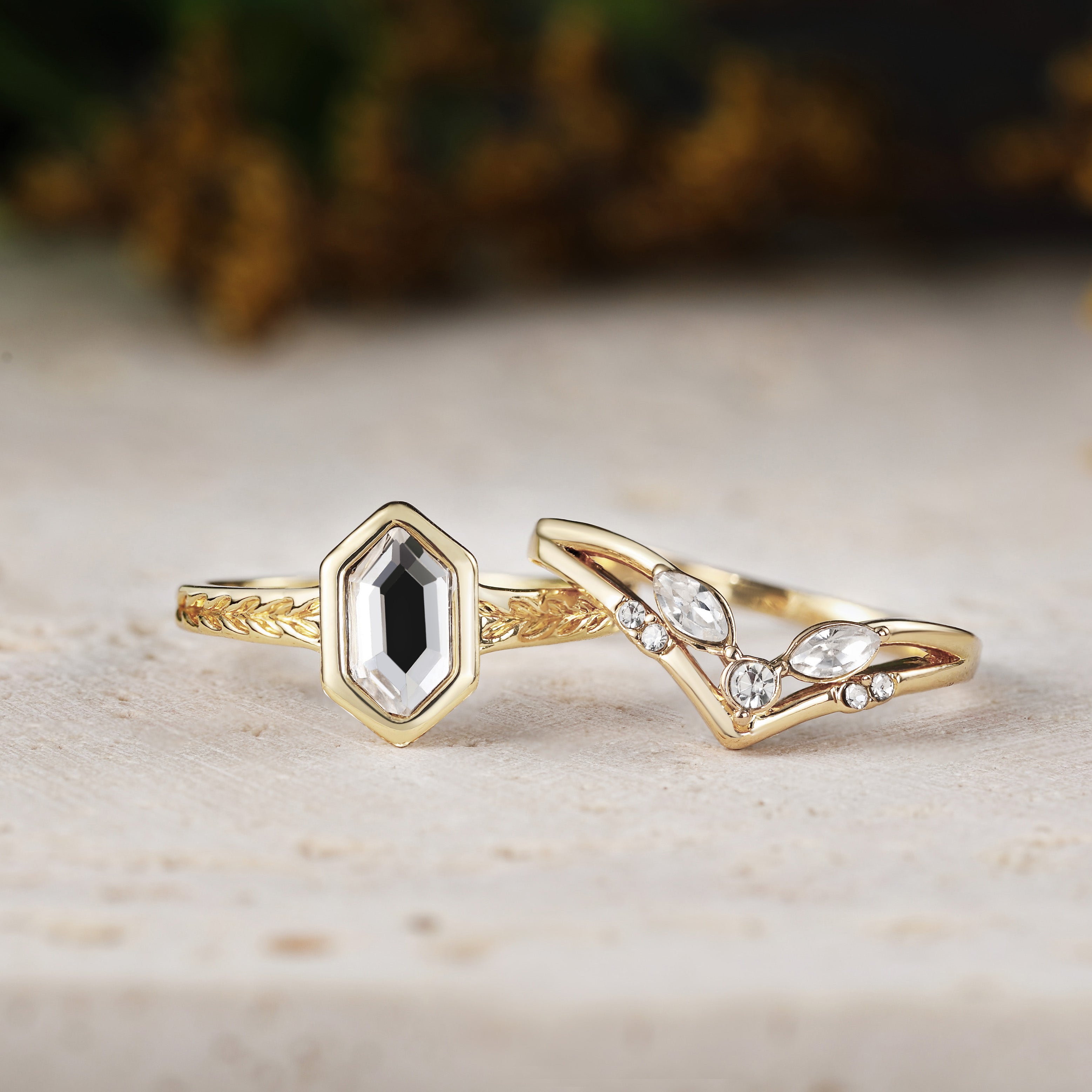 Long Hexagon Moissanite Engagement Ring Sets with Leaf 2pcs Bridal Set