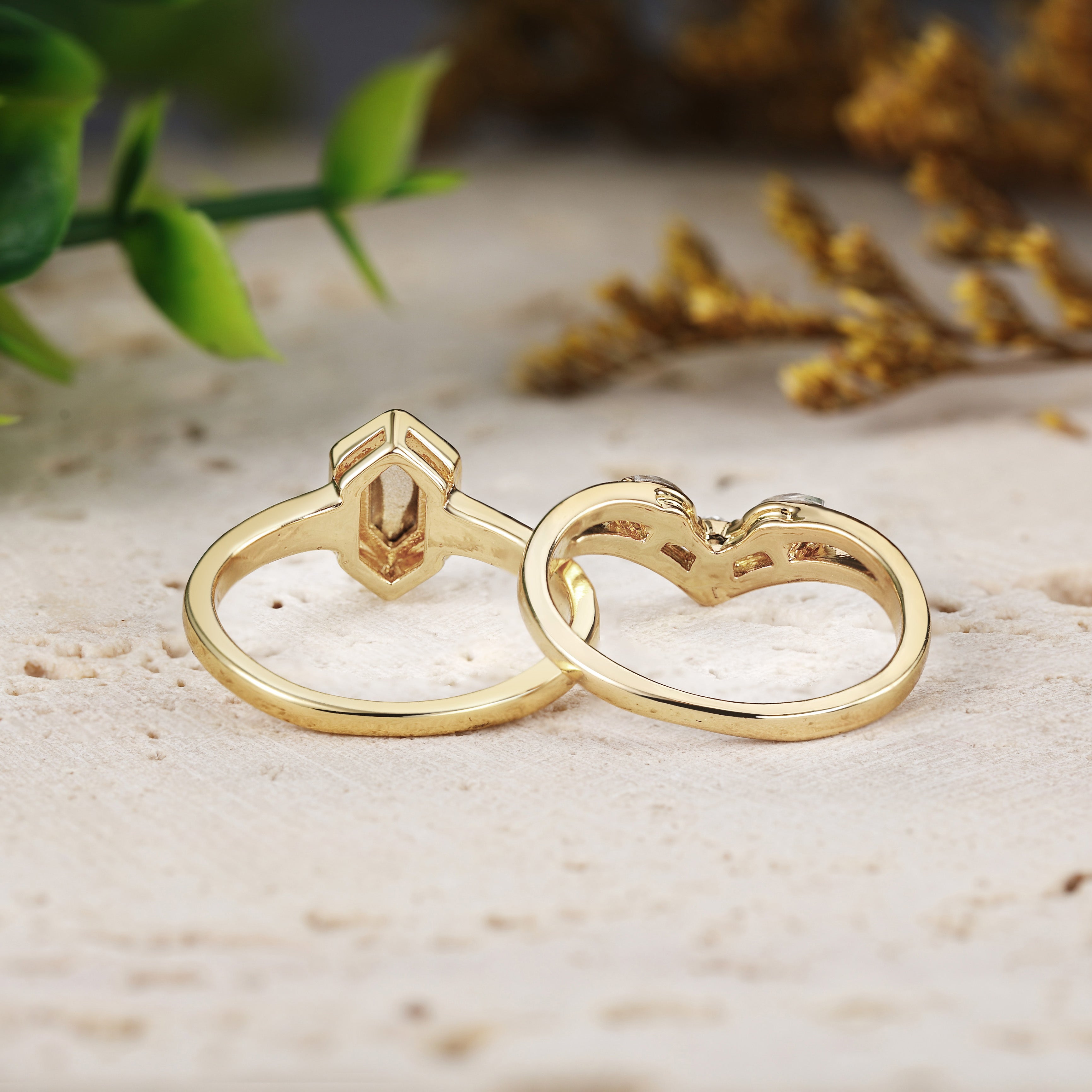 Long Hexagon Moissanite Engagement Ring Sets with Leaf 2pcs Bridal Set