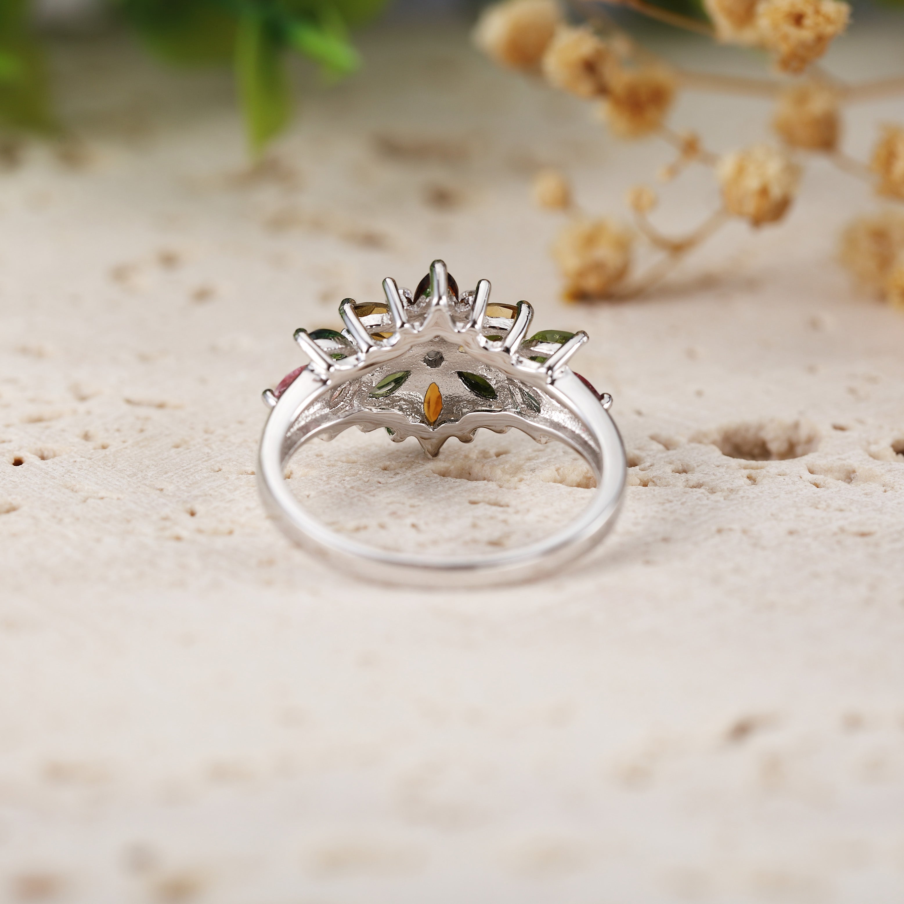 Marquise Natural Tourmaline Cluster Flora Promise Ring
