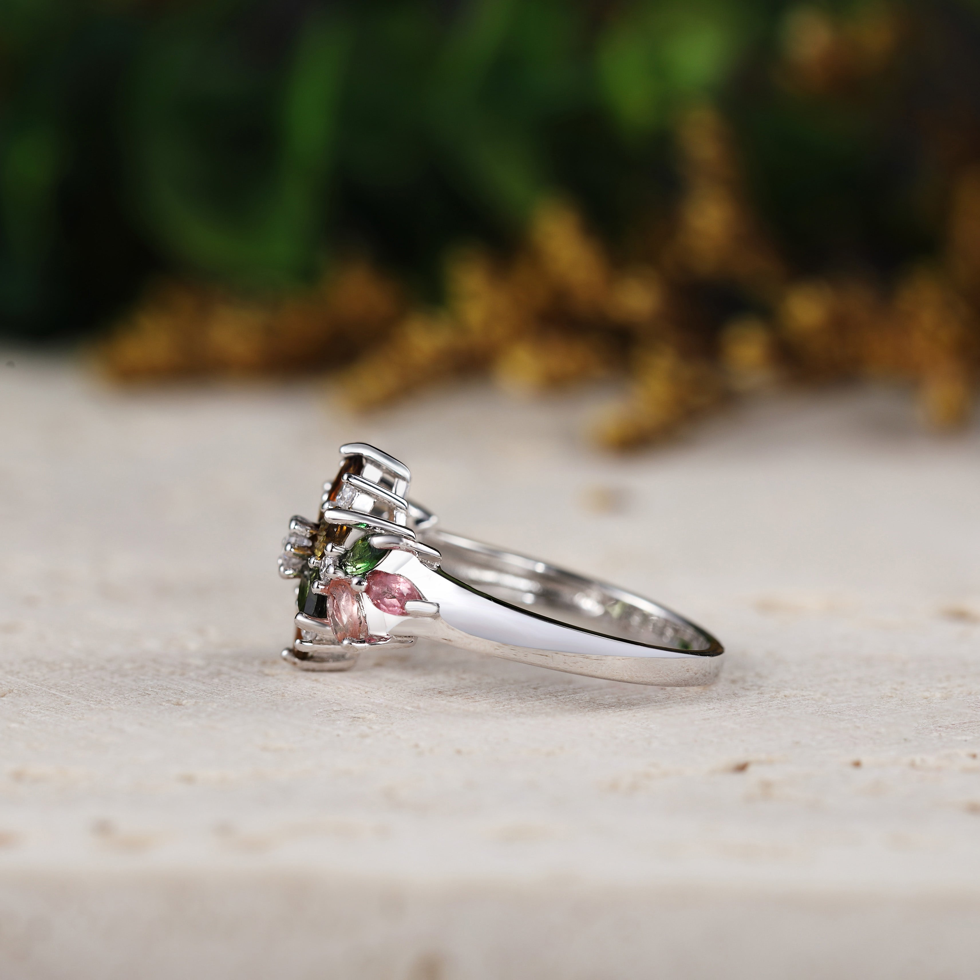 Marquise Natural Tourmaline Cluster Flora Promise Ring