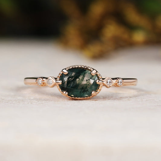 Verdelia - Oval Moss Agate Vintage Milgrain Engagement Ring