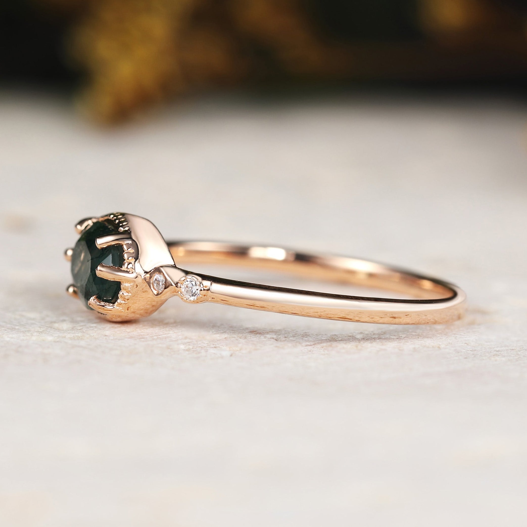 Verdelia - Oval Moss Agate Vintage Milgrain Engagement Ring