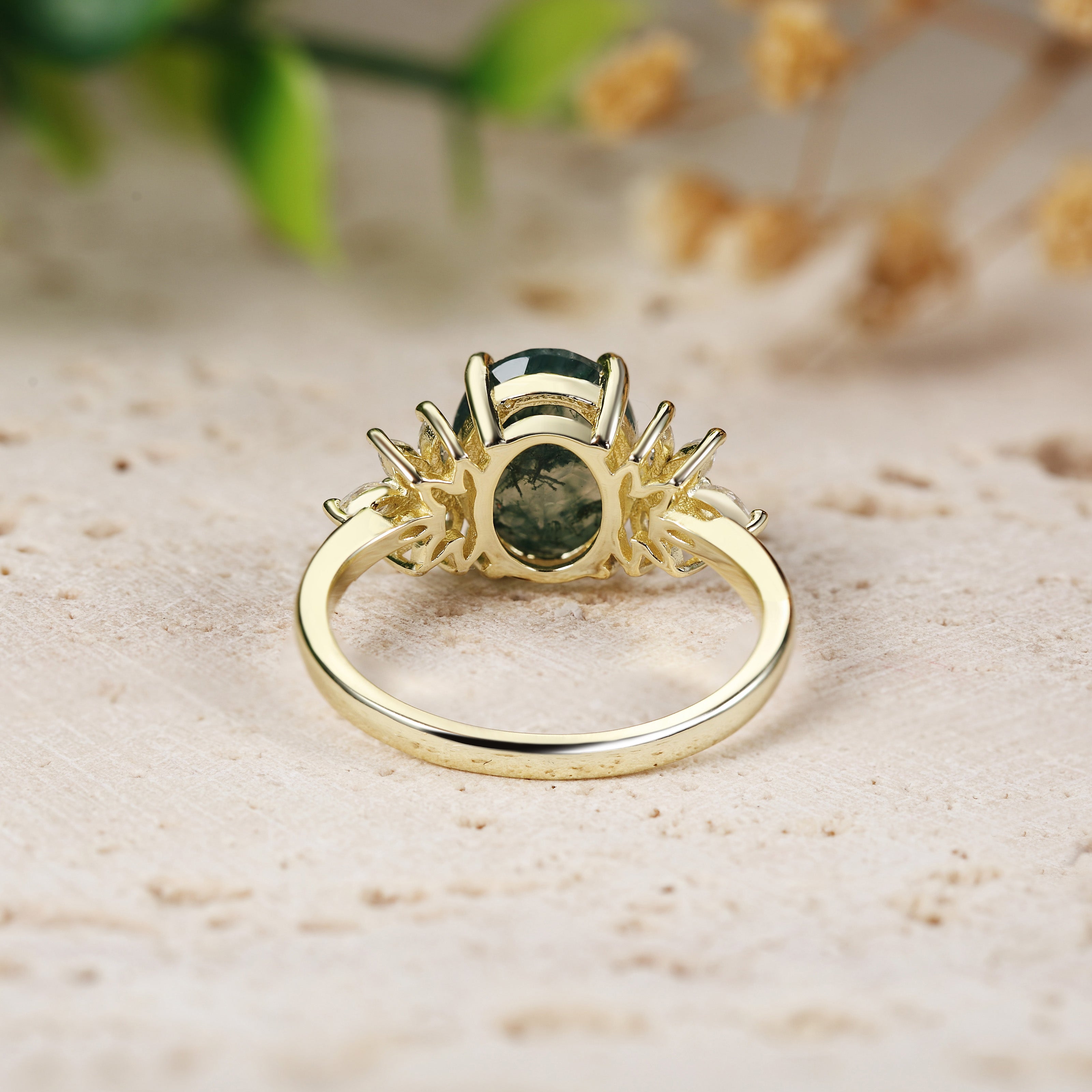 Oval Cut Moss Agate  Engagement Ring with Marquise Moissanite Cluster