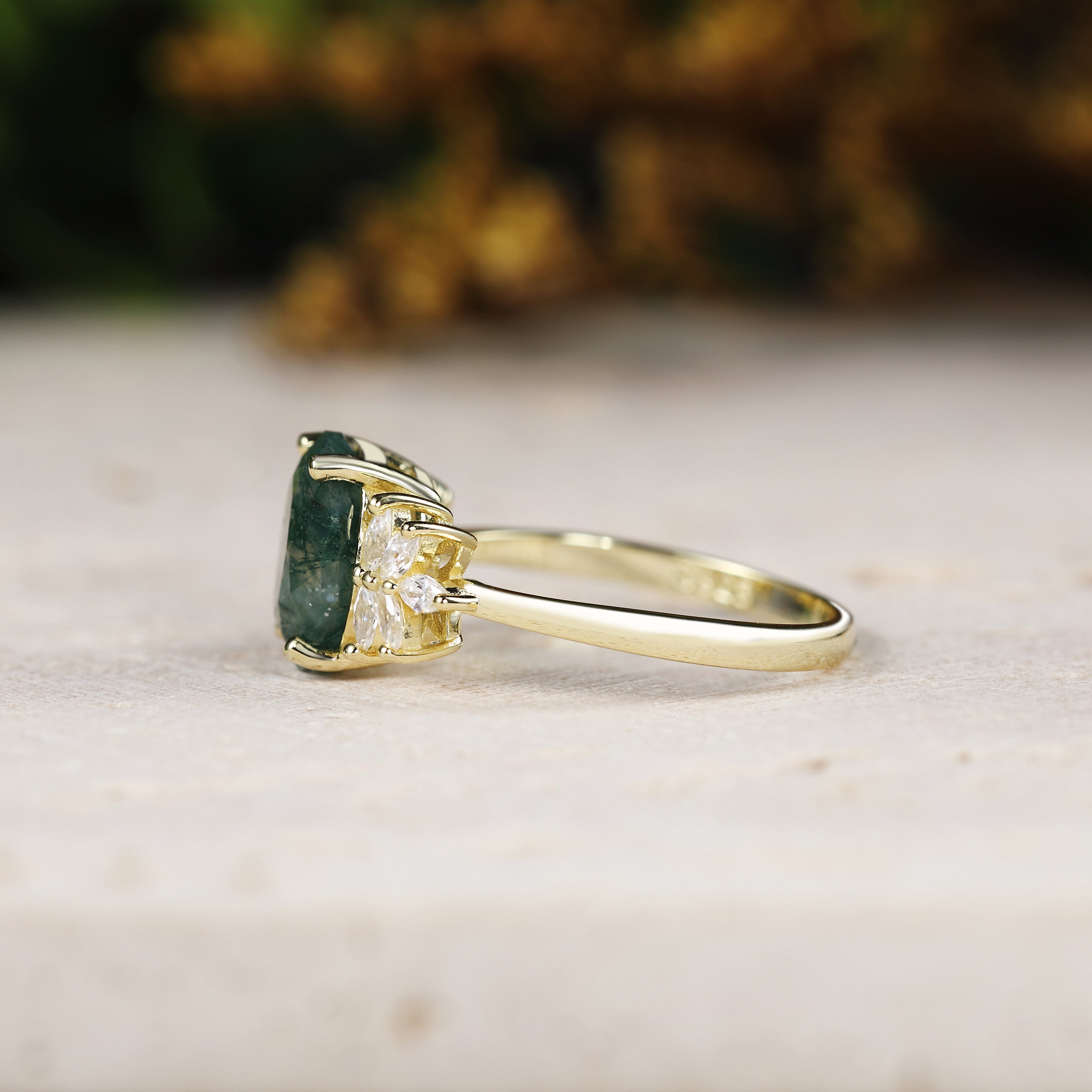 Oval Cut Moss Agate  Engagement Ring with Marquise Moissanite Cluster