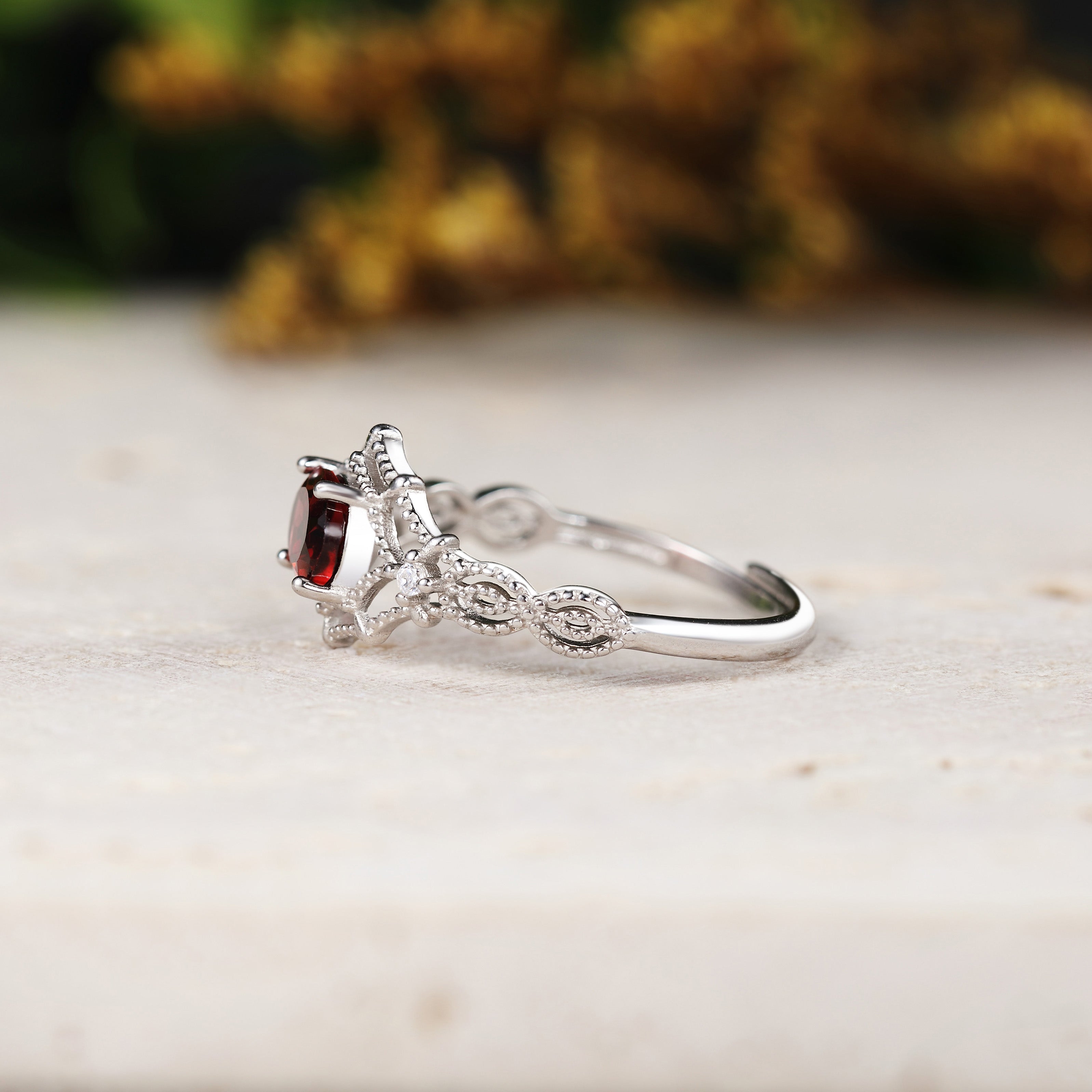 Oval Lab Ruby Vintage Beaded Spiderweb Engagement Ring