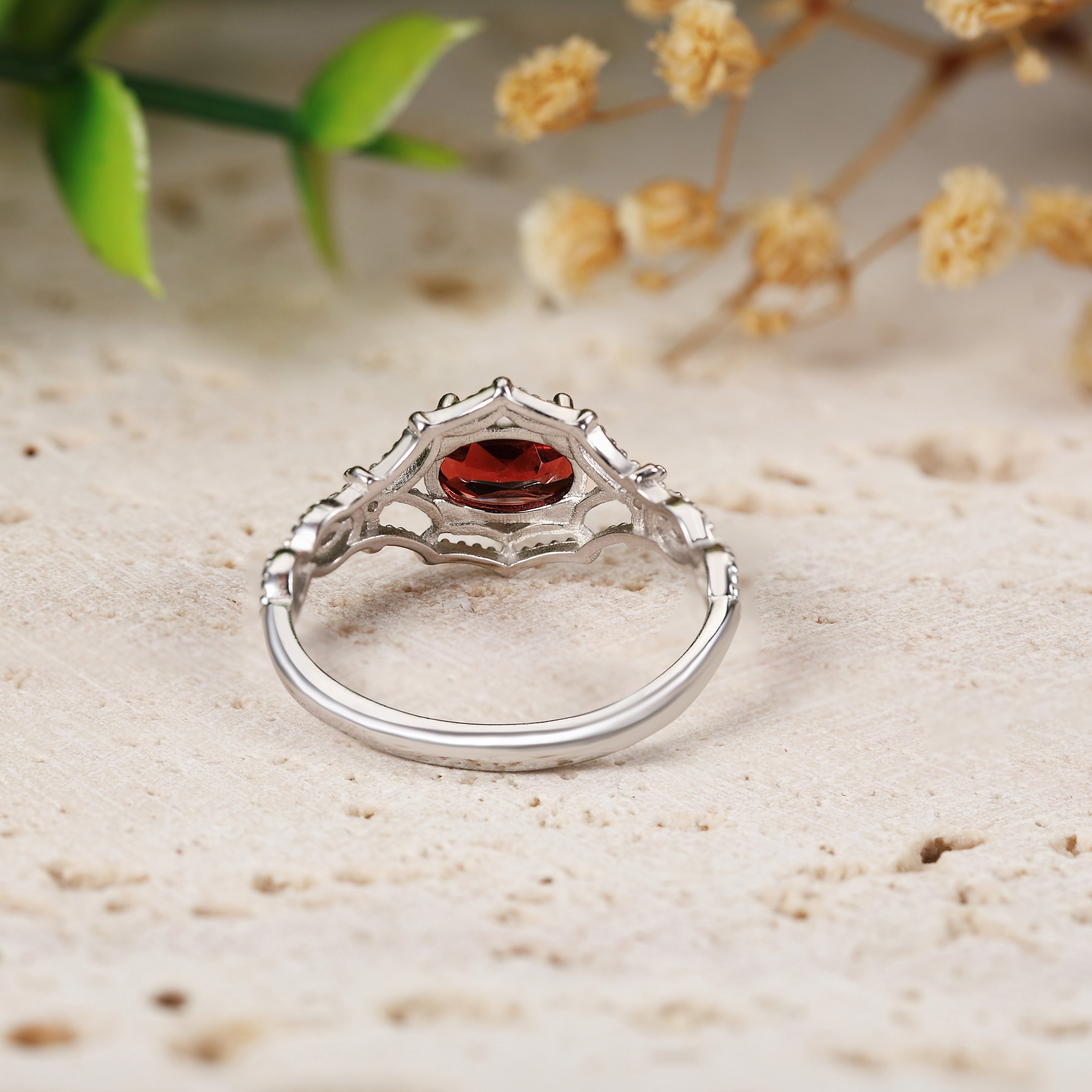 Oval Lab Ruby Vintage Beaded Spiderweb Engagement Ring
