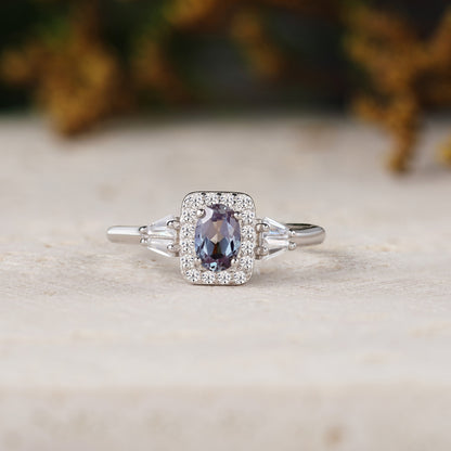 Oval Cut Alexandrite Engagement Ring with Moissanite Halo