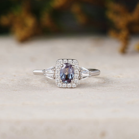 Oval Cut Alexandrite Engagement Ring with Moissanite Halo