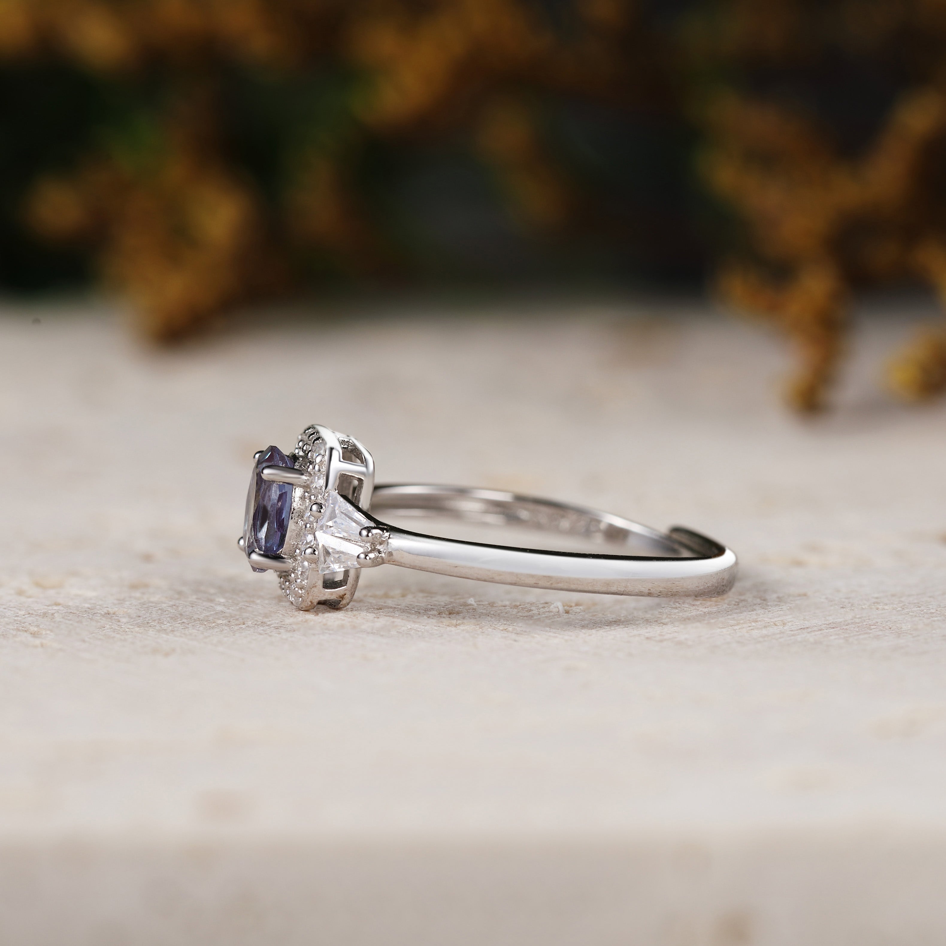 Oval Cut Alexandrite Engagement Ring with Moissanite Halo