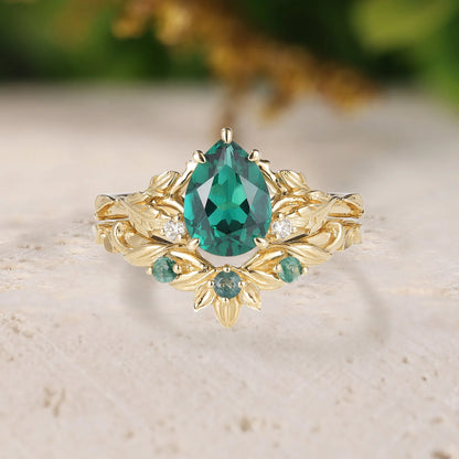 Nature-Inspired African Violet Inspired Emerald Wedding Ring Set 2pcs