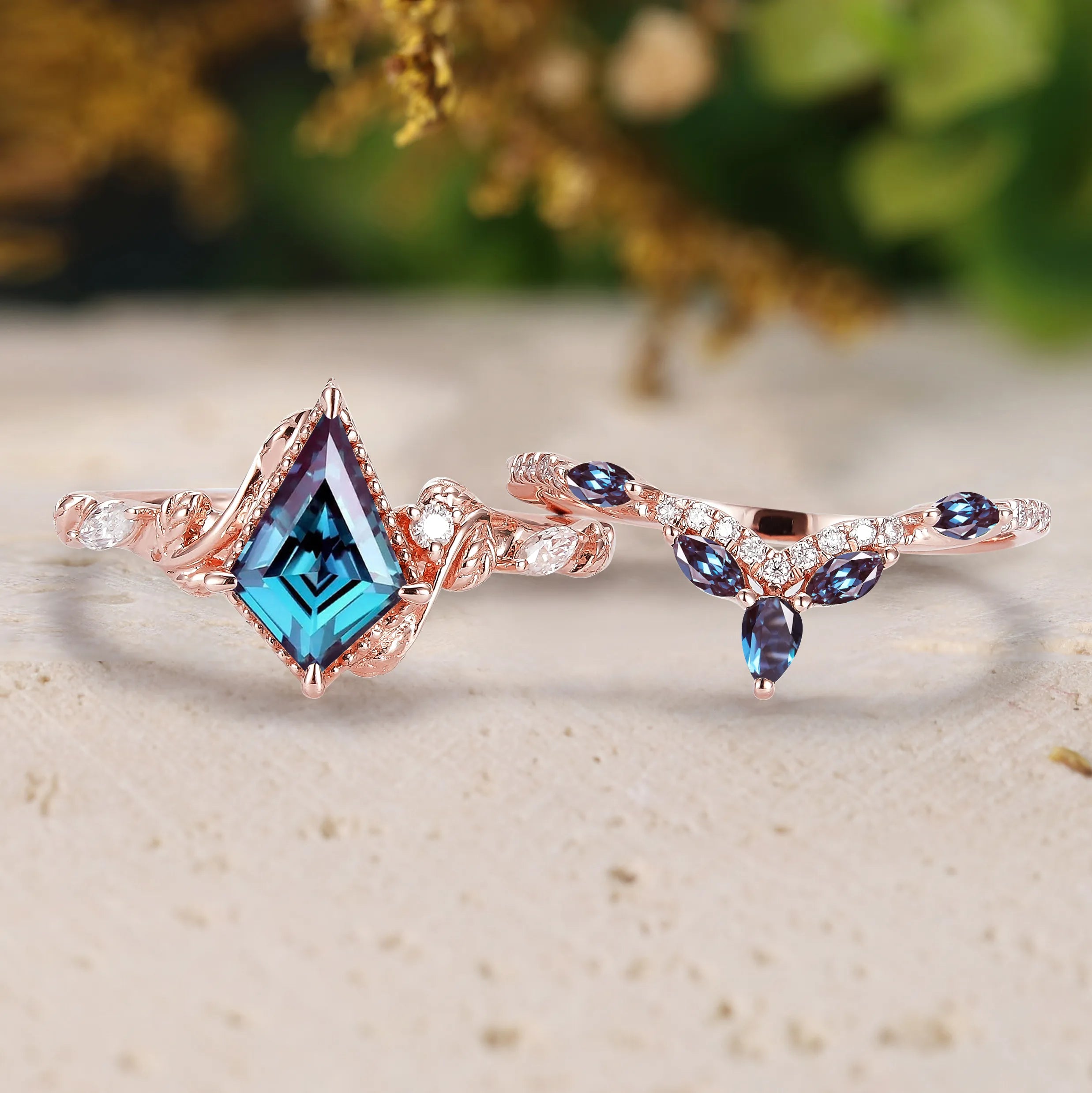 Antique Milgrain Edge Kite Cut Alexandrite Bridal Sets 2pcs with Leaves