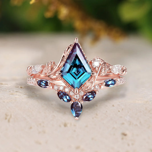 Antique Milgrain Edge Kite Cut Alexandrite Bridal Sets 2pcs with Leaves